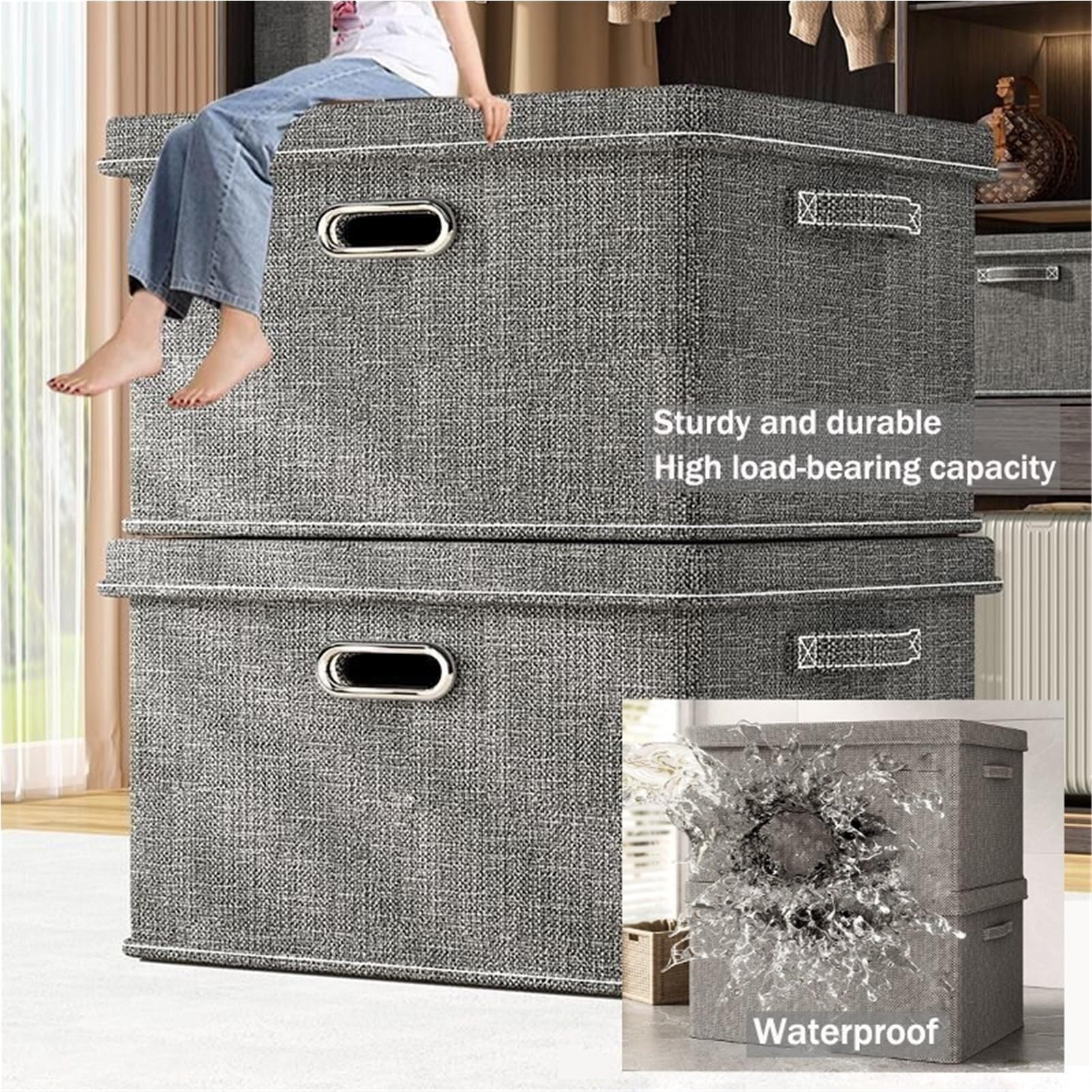 Caja Del Organizador de Almacenamiento Del Cubo con Tapa Plegable, Caja de Armario Apilable de Tela/Gray/50 * 35 * 31 cm