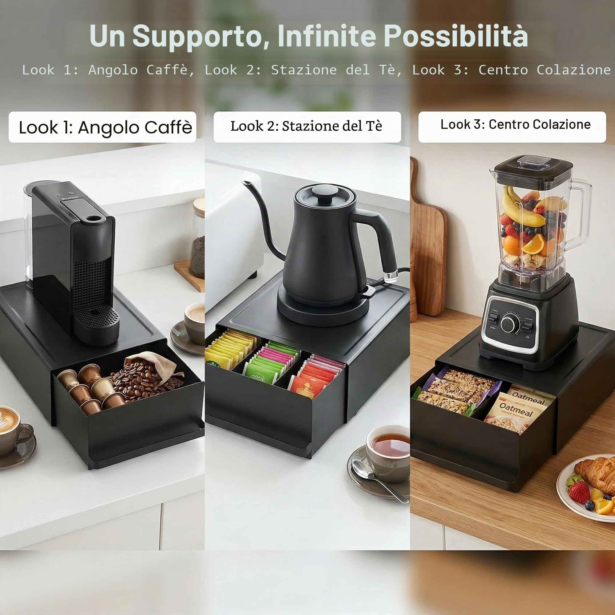 Contenitore per capsule da caffè (27,5 x 22,2 x 11,5 cm) con cassetto, realizzato in acciaio al carbonio, capacità di carico di 11 lbs,organizer per macchina da caffè, mixer, bollitore