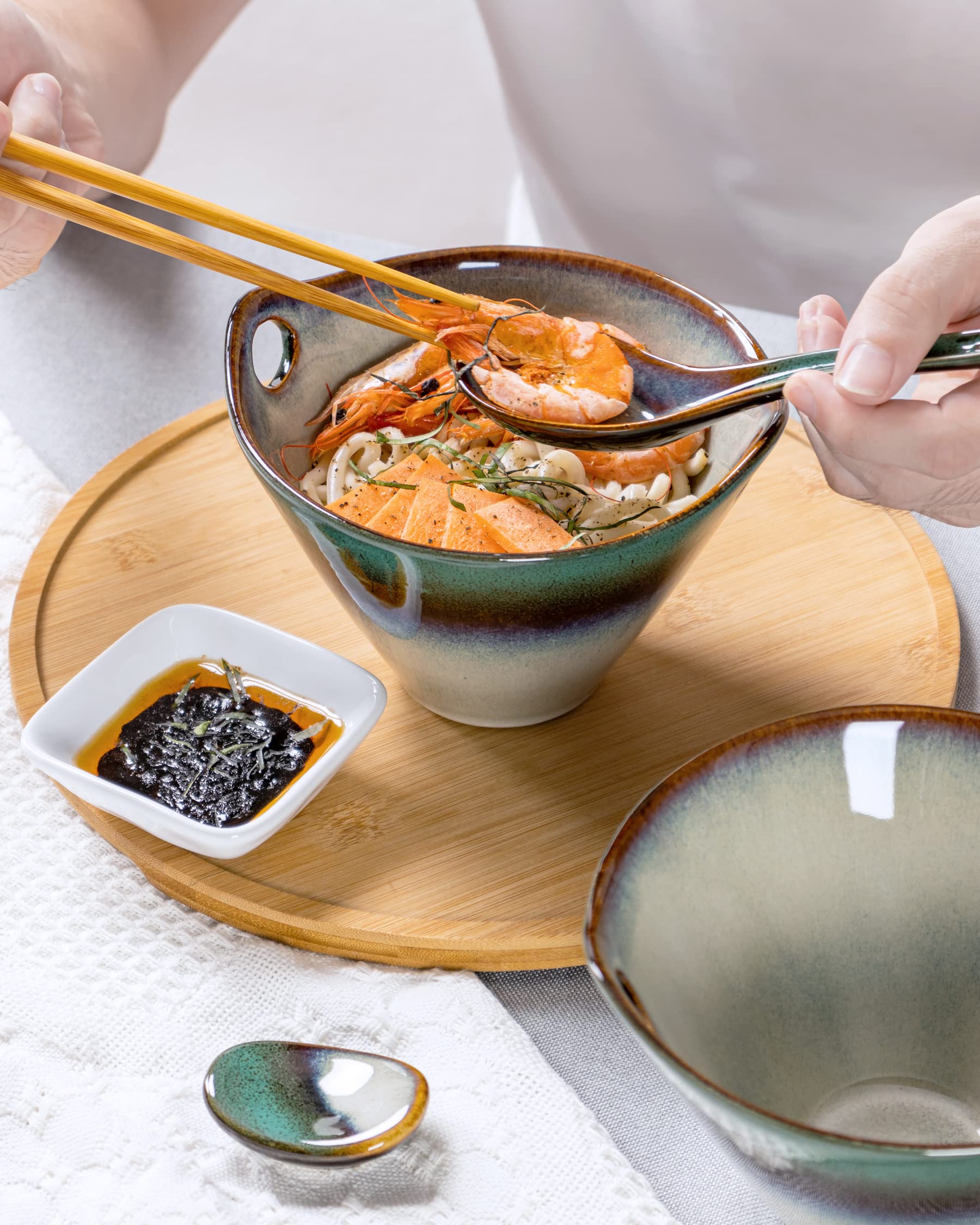 HENXFEN LEAD Ramen kommenset van keramiek, 2 stuks, 780 ml, Japanse kommen voor ramen, soepkom met eetstokjes, lepel en lepel, gradiënt groen
