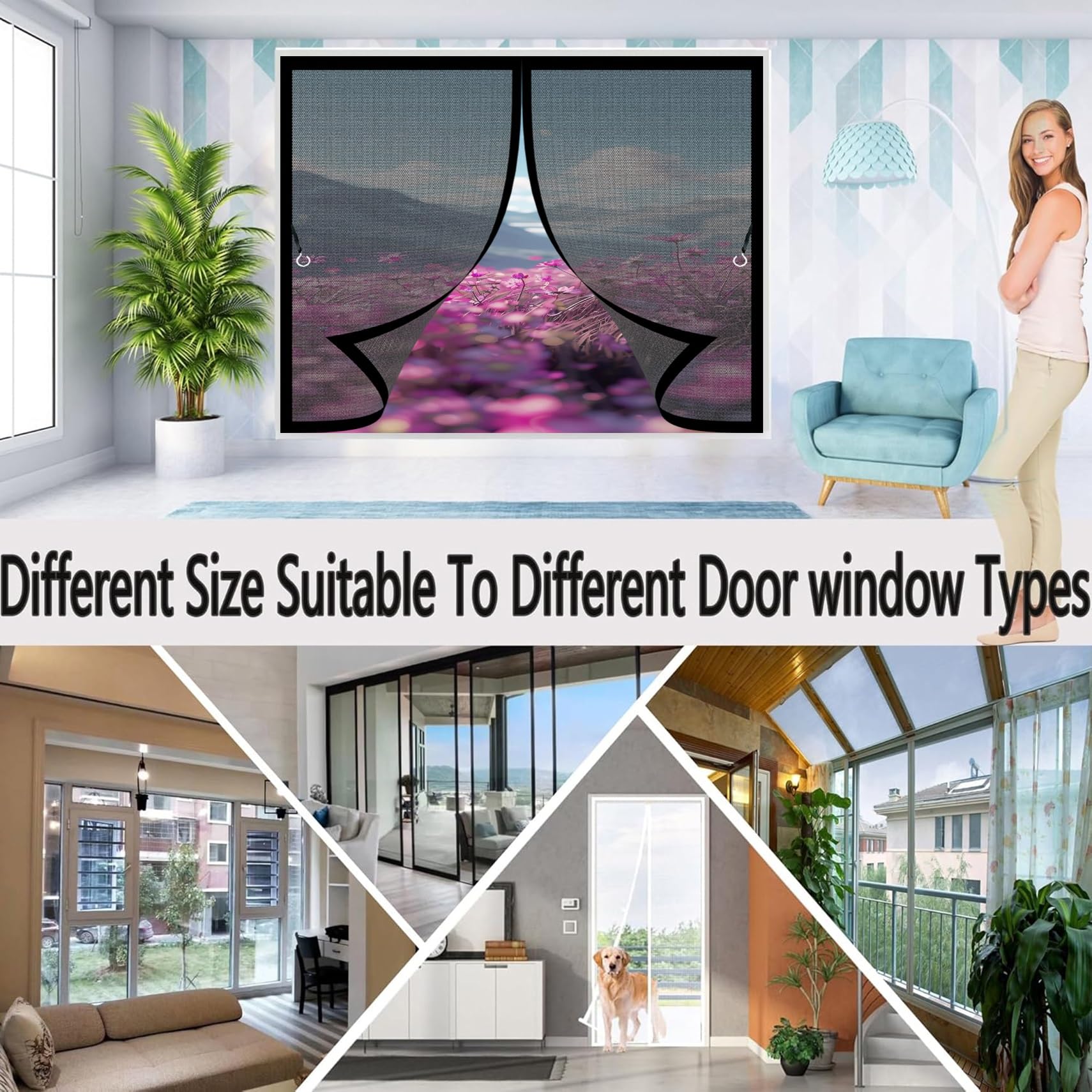 Fliegengitter Magnet Fenster 163 x 176 cm Automatisches Schließen, Klettband Oben, Nicht Kürzbar Fliegengitter Fenster Magnetband für Alle Arten von Türen Und Fenstern, Schwarz