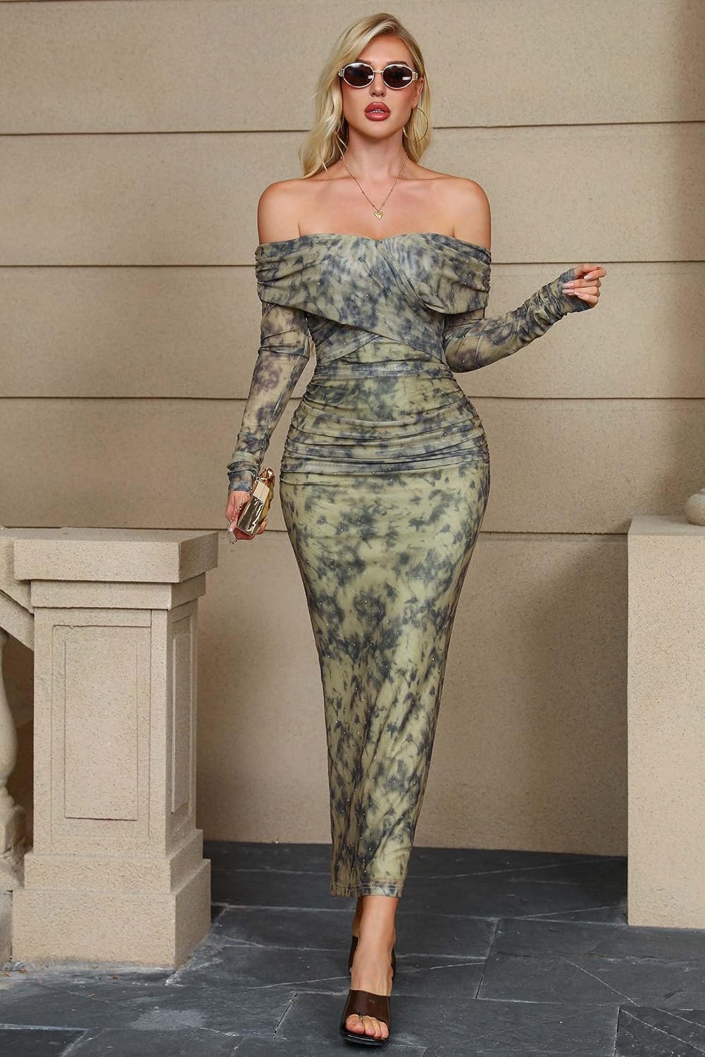 ABMOIU Women's Off The Shoulder Maxi Dress Long Sleeve Rhinestone Mesh Ruched Party Wedding Guest Dresses - Image 4