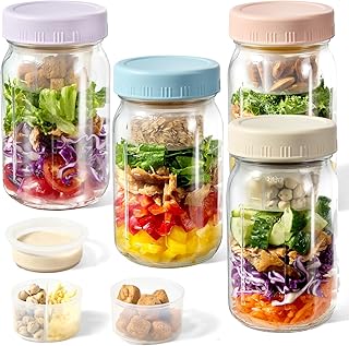 Salad Pod Mason Jar with Dressing Cup, 4 Pack 32 oz Glass Salad Pot Jar ...