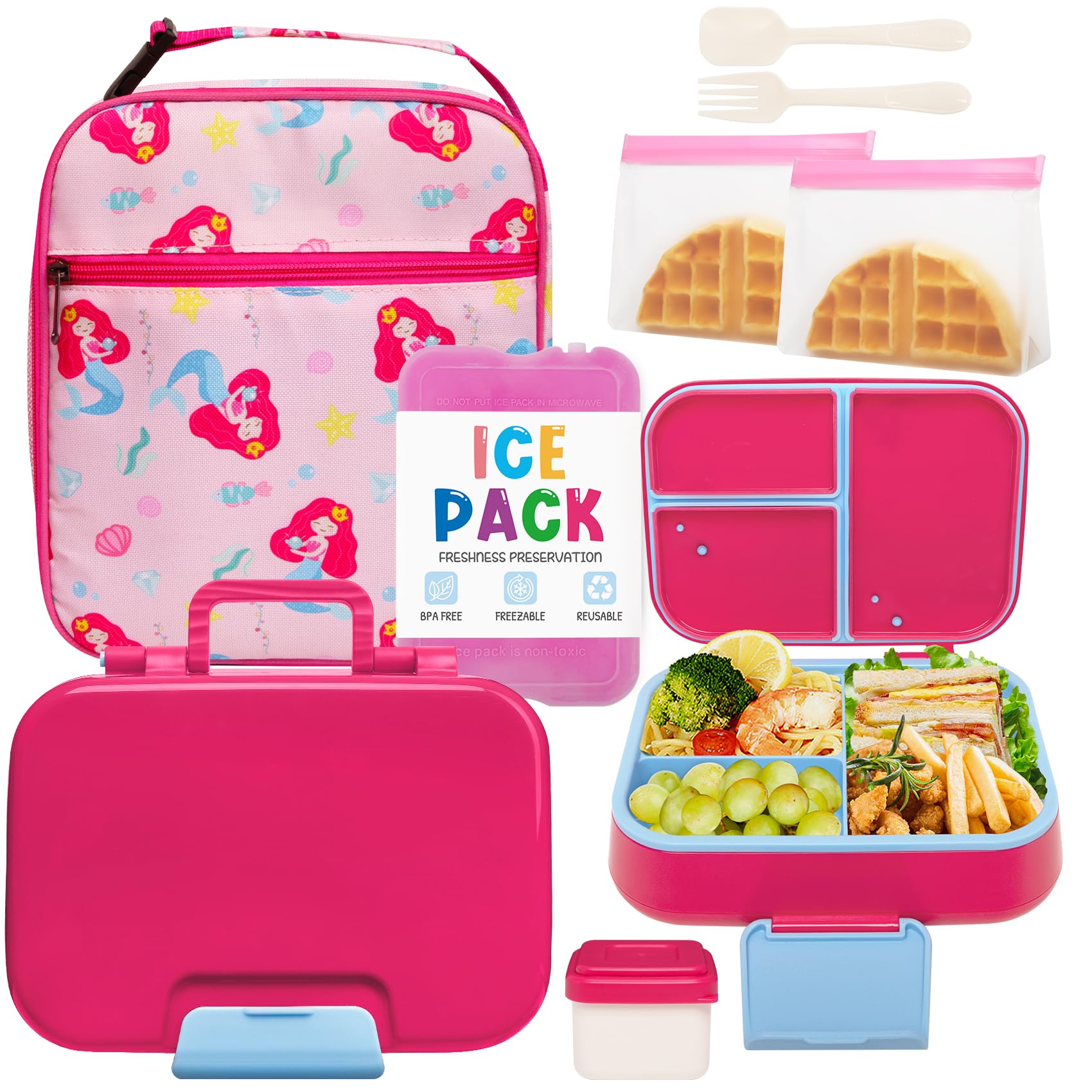 Korlon Bento Box for Kids, Leakproof Kids Bento Lunch Box for Girls, Pink Bento Box with Ice Pack, 3-Compartment Lunch Containers for Kids with Insulated Lunch Bag, Kids Back to School Lunch Supplies