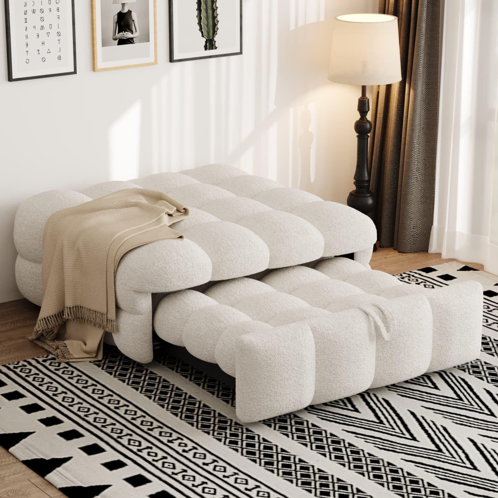 PUGSDRLY Canape Lit 1 Place Convertible,Pouf Salon,Canapé Convertible,Design Rétractablem,Lit Capitonné 1 Place,Tissu Peluche (Beige)