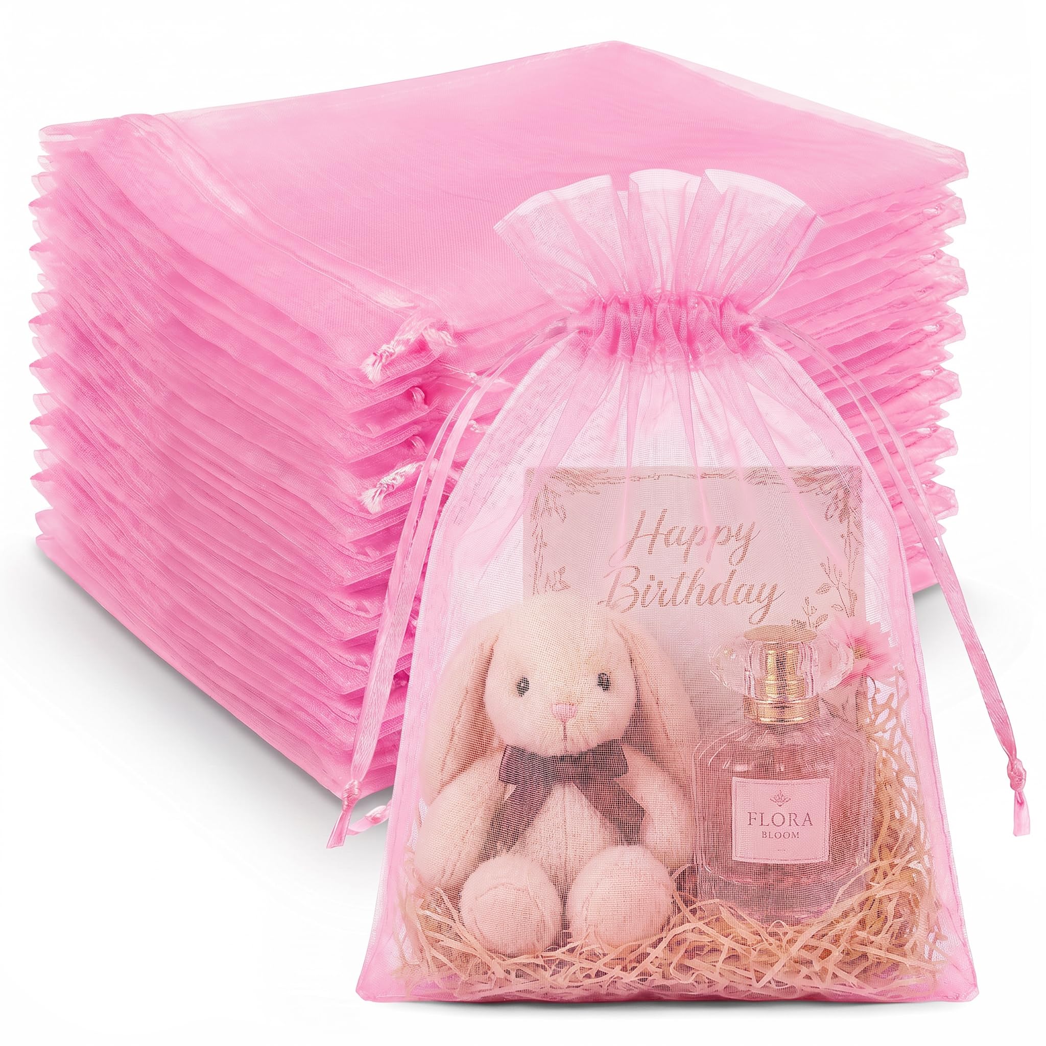 Crweety 50Pcs Large Organza Bags 8x12, Pink Small Gift Bags Drawstring Bulk