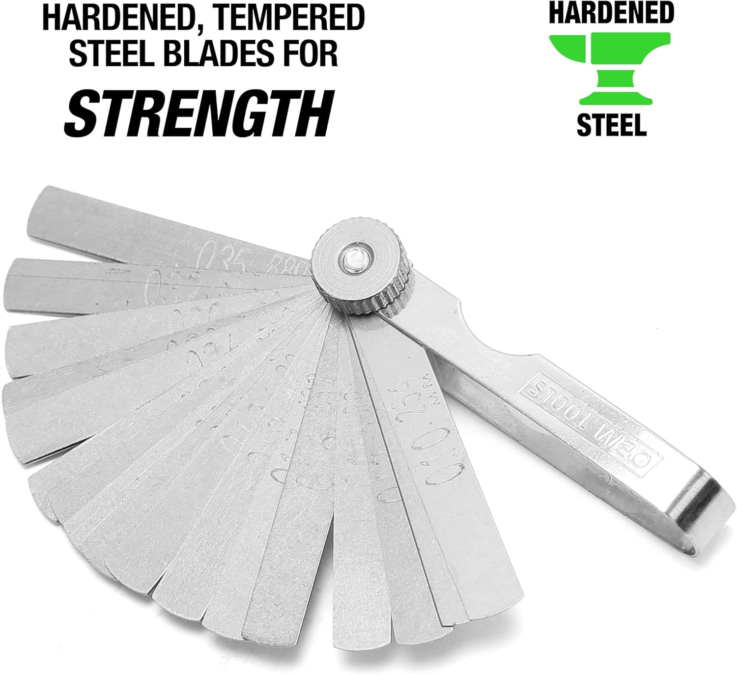 Image highlighting hardened, tempered steel blades for strength, with an anvil icon.