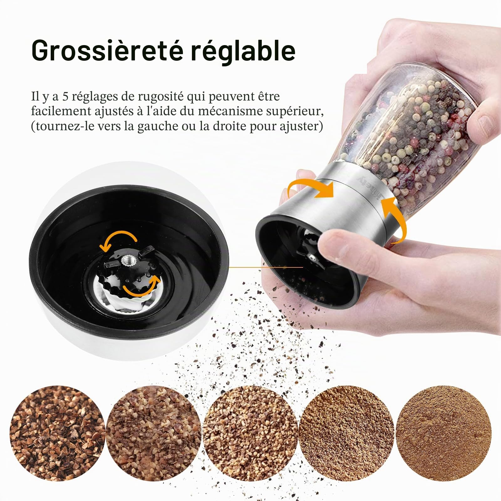 Lot de 2 Moulins à Poivre et Sel avec Broyeur Céramique Réglable, Salière et Poivrière Manuelle, Verre et Inox