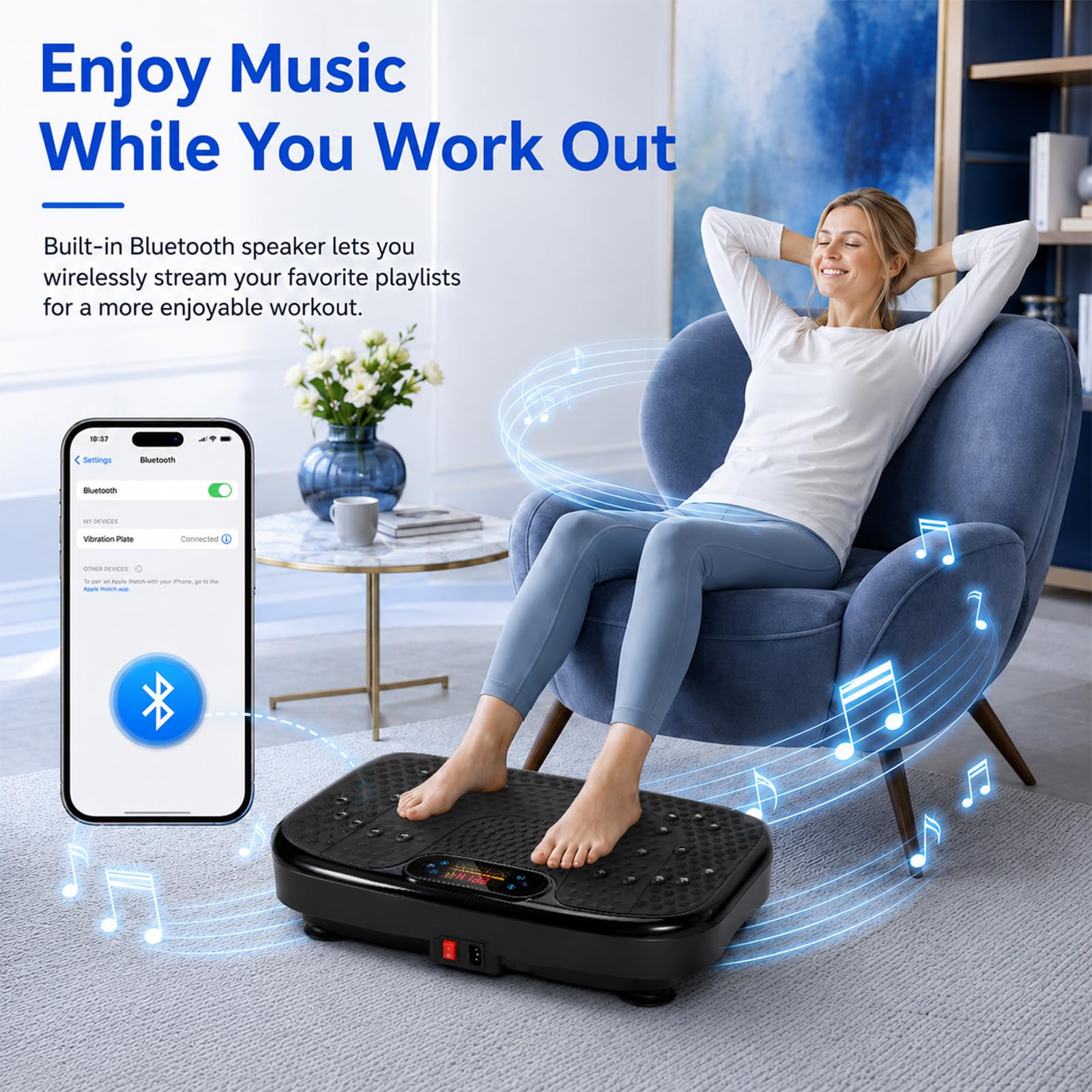 Płyta wibracyjna z 199 poziomami prędkości, 7 trybów automatycznych | Głośniki Bluetooth i taśmy oporowe, trenażer wibracyjny całego ciała do fitnessu, relaksu mięśni i treningu domowego