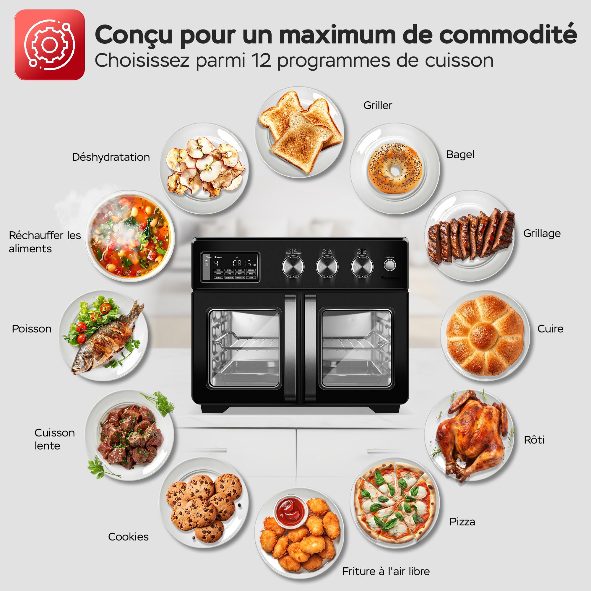 TurboTronic Mini four, four à air chaud 4 en 1 et friteuse à air chaud, version XXL 32 L, y compris tournebroche et de nombreux accessoires, plaque de cuisson, déshydrateur à partir de 25 °C & grill