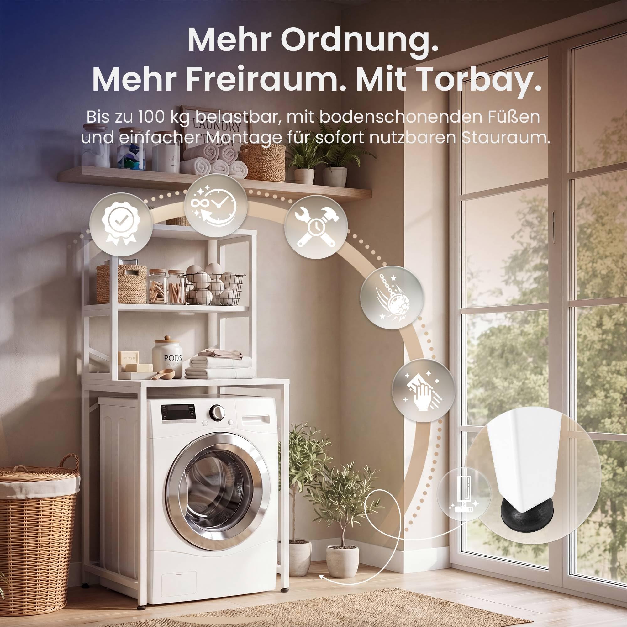 CLP Waschmaschinenregal Torbay mit 3 Ablagen, platzsparender Waschmaschinenüberbau, freistehendes Badregal aus Metall, belastbar bis 100 kg Farbe weiß