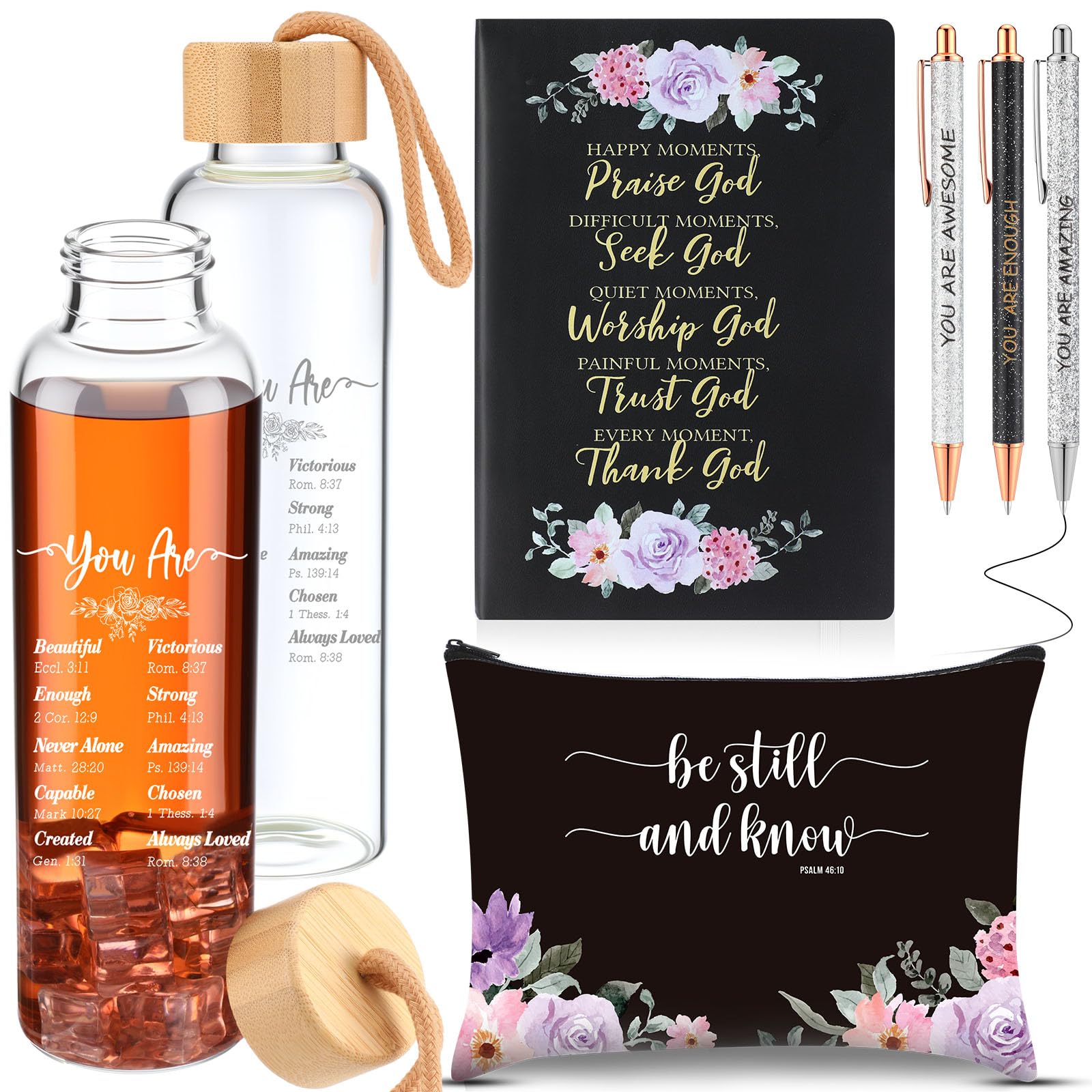 Resholder 6 Pcs Christian Gifts Set for Women Glass Bottle, Makeup Bag, Ballpoint Pens, Religious Scripture Notebook Inspirational Gifts for Sunday