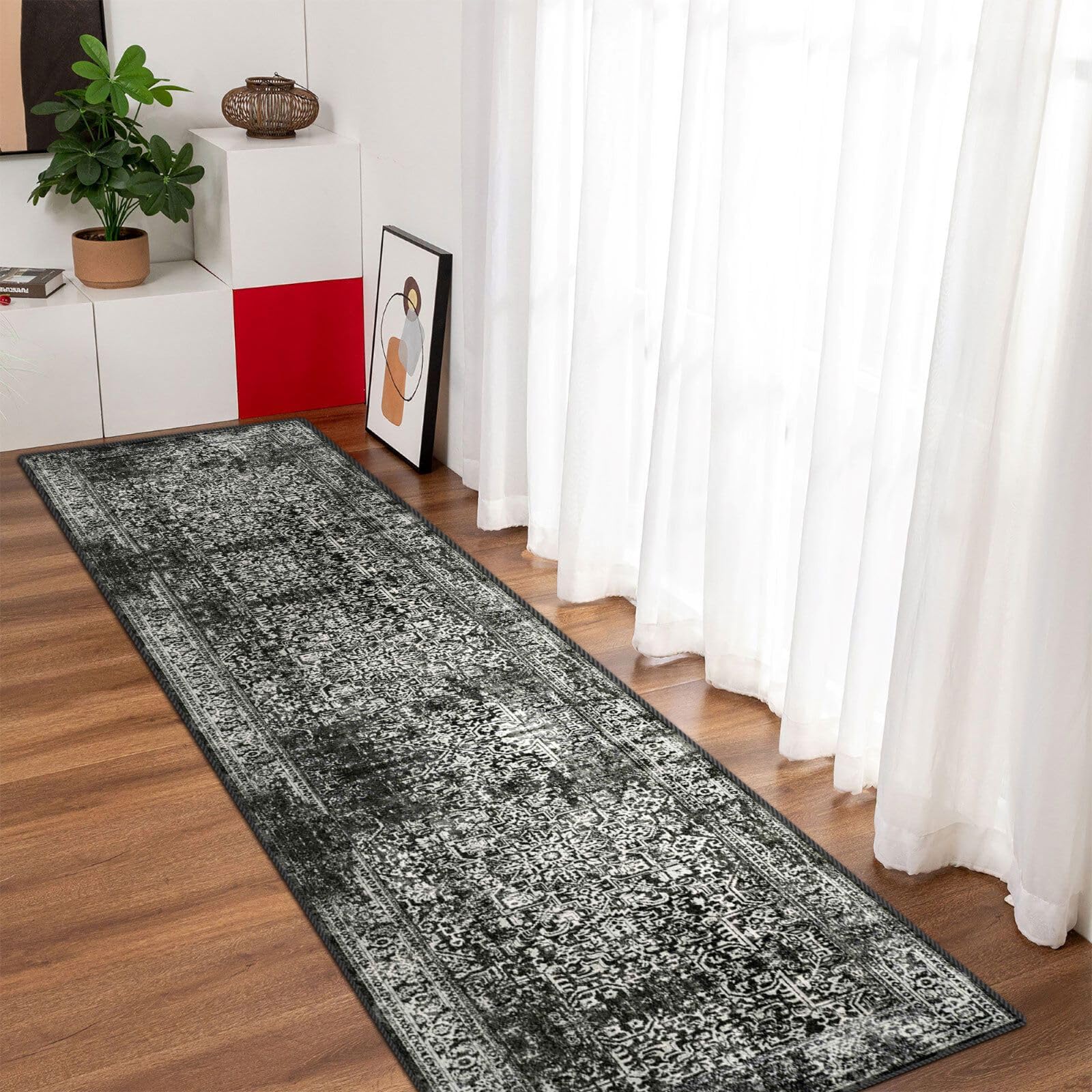 vivorug Runner Rug 2'x8' Vintage Washable Non-Slip Runners for Hallways Kitchen Entryway Laundry Room Carpet Hallway Runner, Black and White Rug