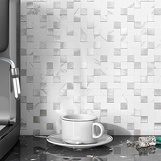 BeNice Square Mosaic Tile Stickers Kitchen Self-Adhesive Splashback,Stick on Bathroom Tiles Waterproof Peel and Stick Wall Tiles(5sheets,White)