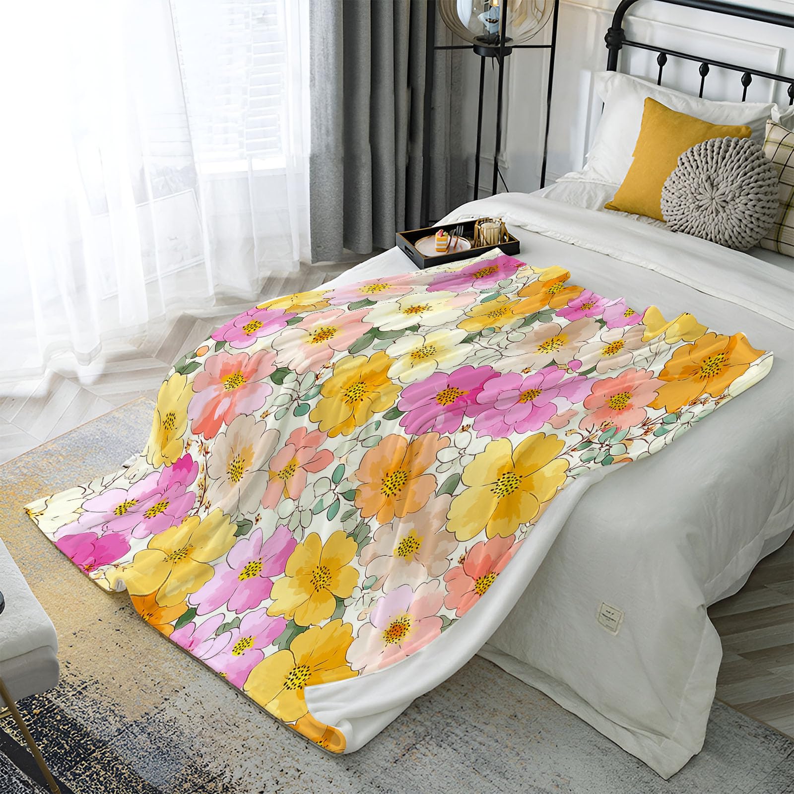 Manta De Flores Pintadas A Mano, Manta Ligera De Forro Polar con Plantas Lindas para Niños Mujeres, Amarillo Claro Mantas De Franela Suaves, Sábana Cálida Adecuada para Invierno, 220X240Cm