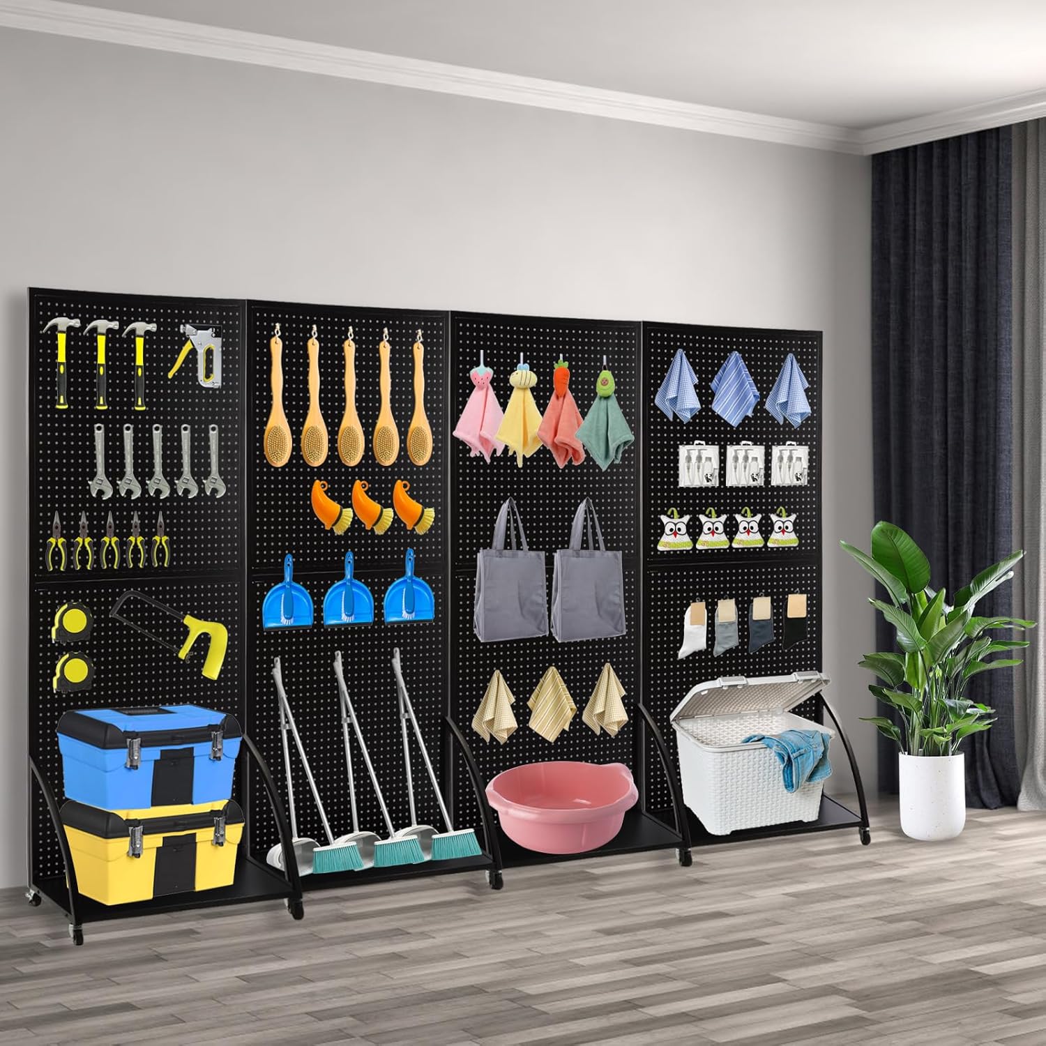 Eastern Tree 2.5'x 6' Metal Pegboard Display Stand with Base Plate, Standing Pegboard Display with Wheels, Peg Board Panels Display Rack, Art Display Stand, Extra 20 pieces Hooks - Black