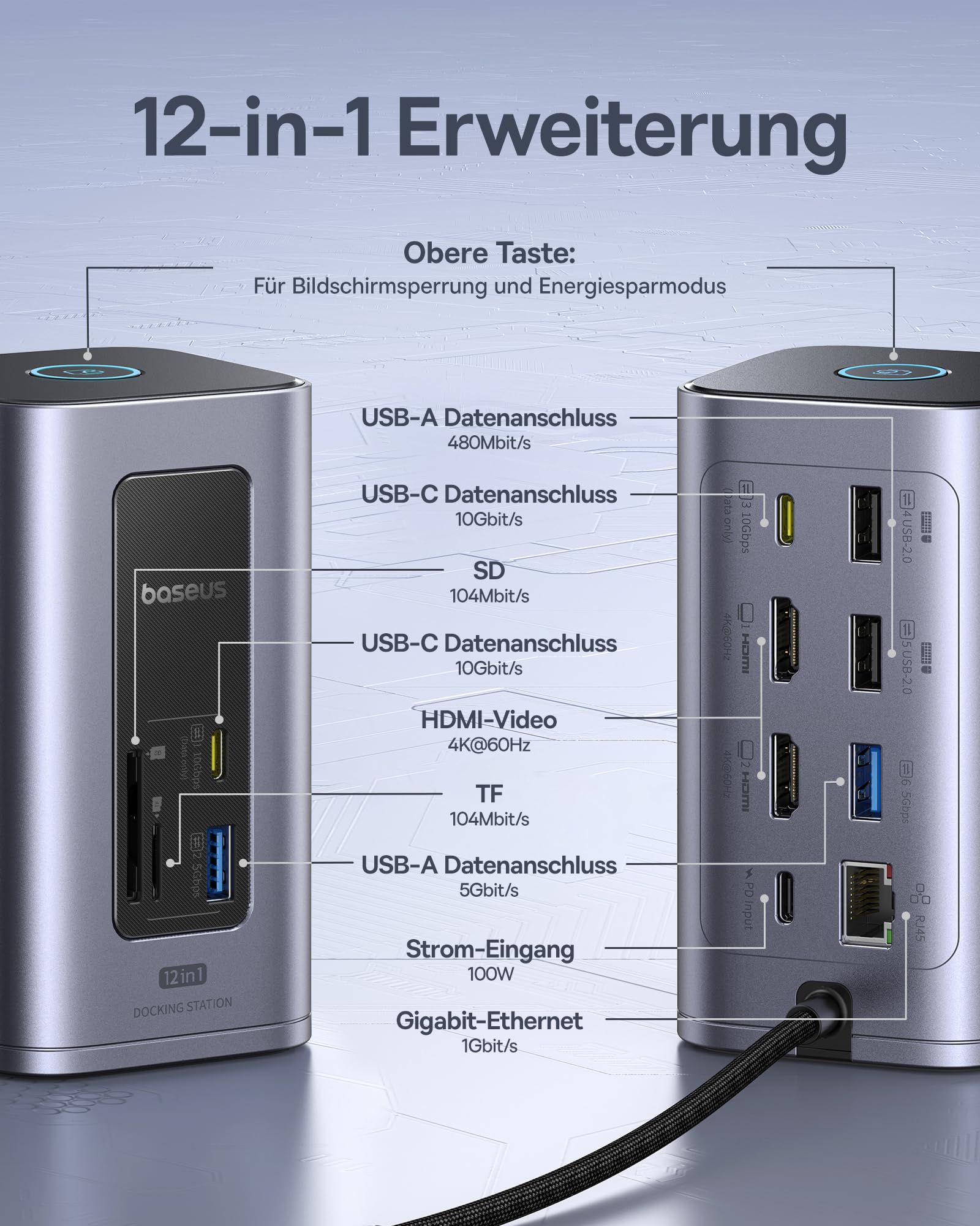 Baseus Nomos Air 12 in 1 Docking Station Dockingstation 2 Monitore für Windows, mit 4K HDMI, 10Gbps USB-C/A, SD/TF, 100W PD, Gigabit Ethernet, Kompatibel für Laptop HP/Lenovo/Dell/Acer