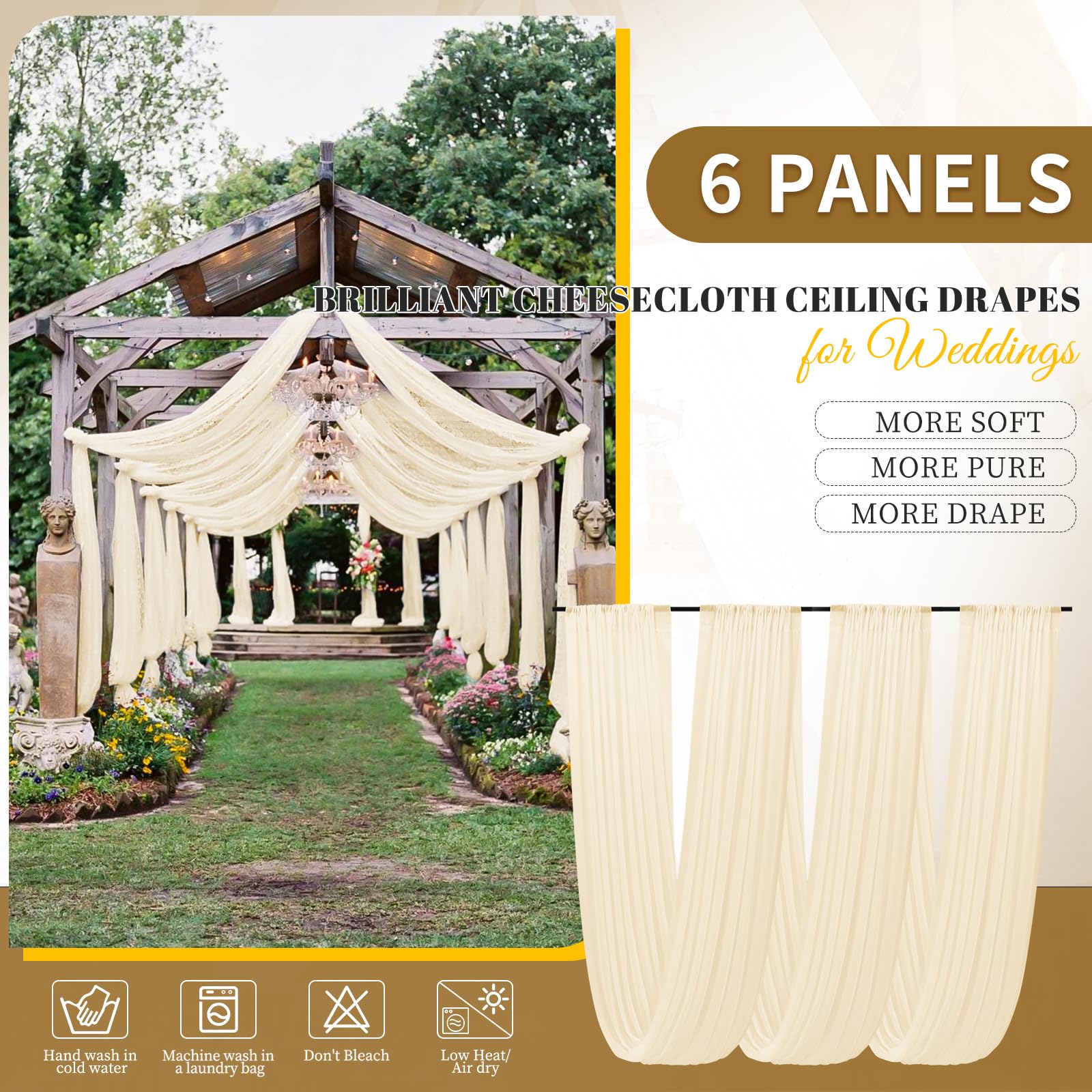 6 pannelli avorio tende da soffitto per matrimoni, garza tessuto velato per drappeggi, tende da soffitto per matrimoni, lampadari, decorazioni da appendere, ad arco di palcoscenico, drappeggio, eventi