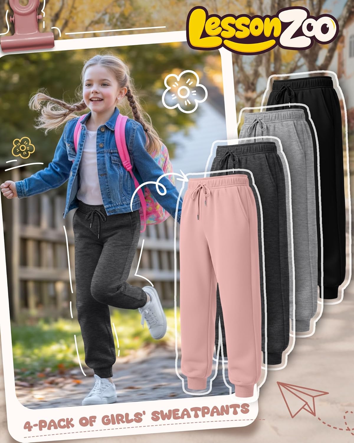 4 Pack Girl's Sweatpants Casual Athletic Drawstring Joggers with Pocket Baggy Lounge Active Running Pants - Image 2