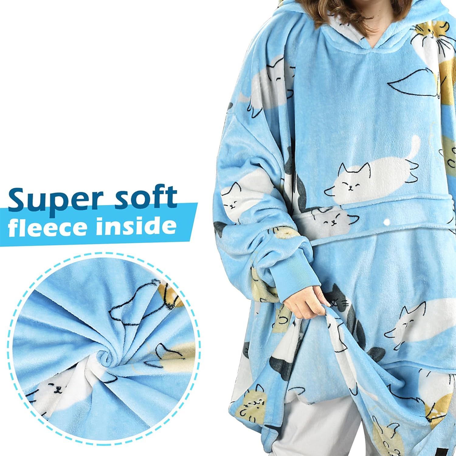 Catalonia Cat Print Oversized Blanket Hoodie Sweatshirt, Wearable Fleece Pullover for Adults Men Women - Image 3