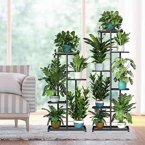 Miniatura 6 de LINZINAR Soporte para plantas de metal para interiores y exteriores, 6 niveles, 7 macetas, estante múltiple para macetas, estante para patio,