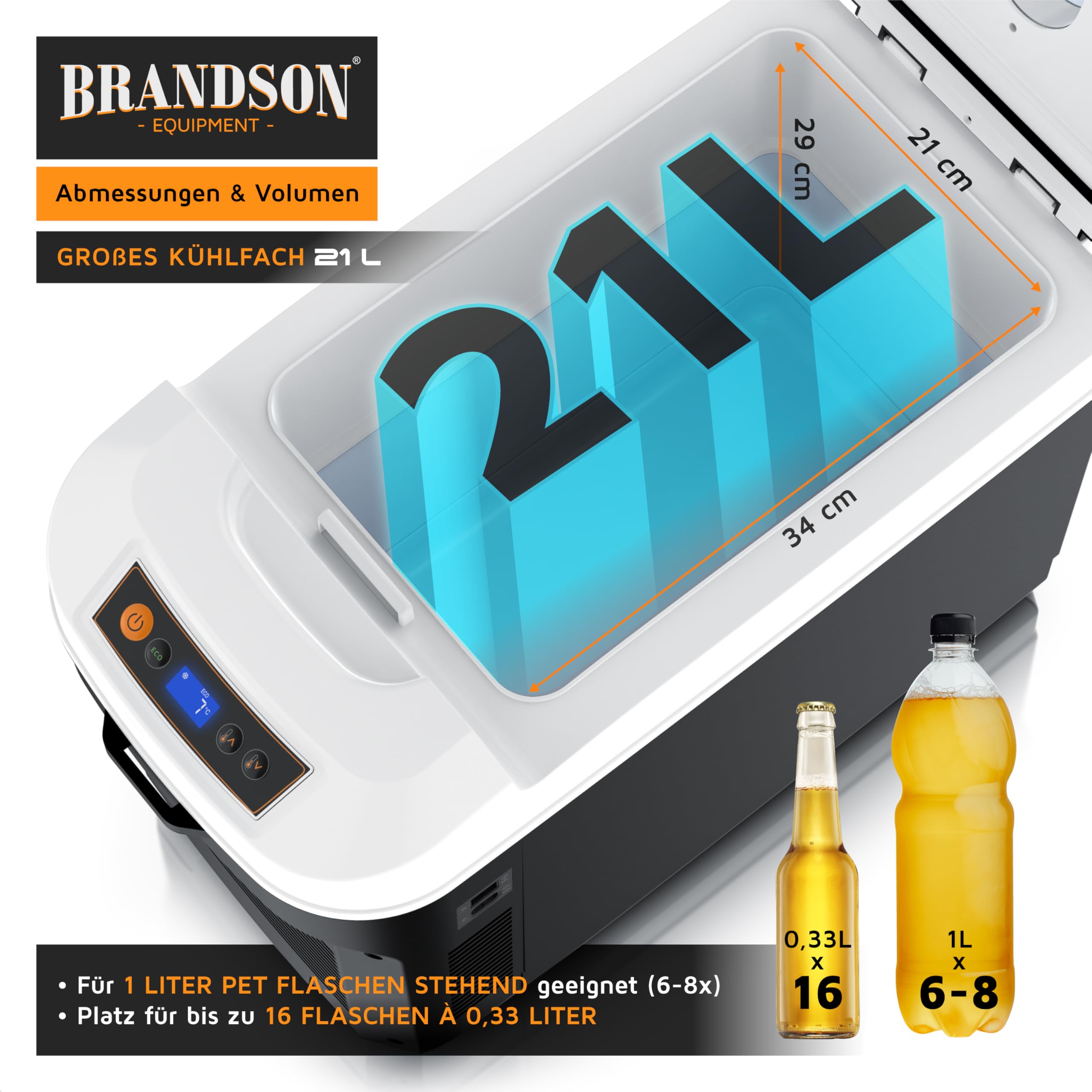 Brandson - Kühlbox 21L elektrisch – 230 V Netzspannung und 12 V KFZ Bordspannung – kühlt und wärmt – extra leiser ECO Modus – Herabkühlen ca 20°C unter der Umgebungstemperatur - Auto Wohnmobil Boot