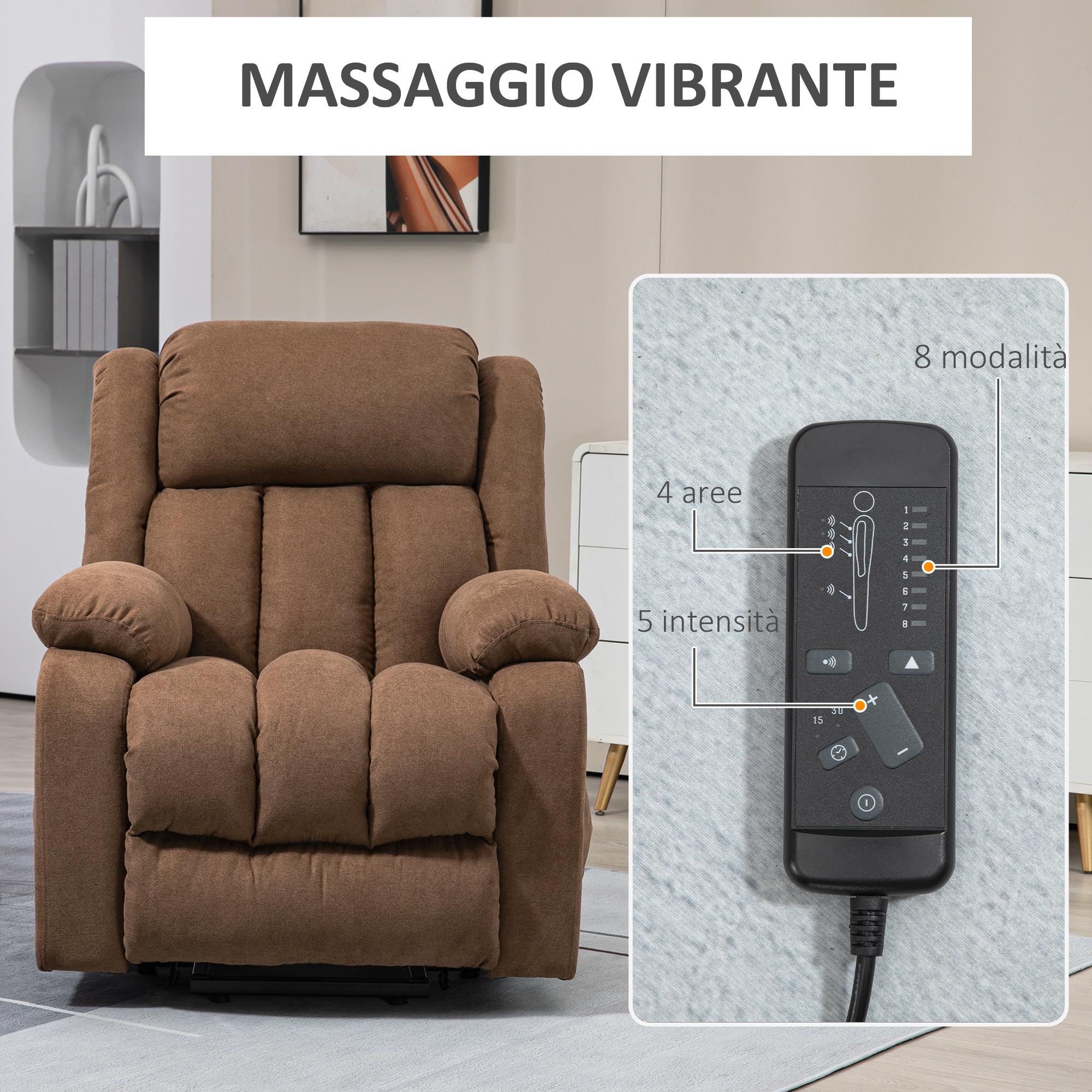 HOMCOM Poltrona Alzapersona Elettrica con Telecomando, Poltrona Relax Massaggiante e Reclinabile in Tessuto con Poggiapiedi e Tasche Lateriali, 91x93x103cm, Marrone