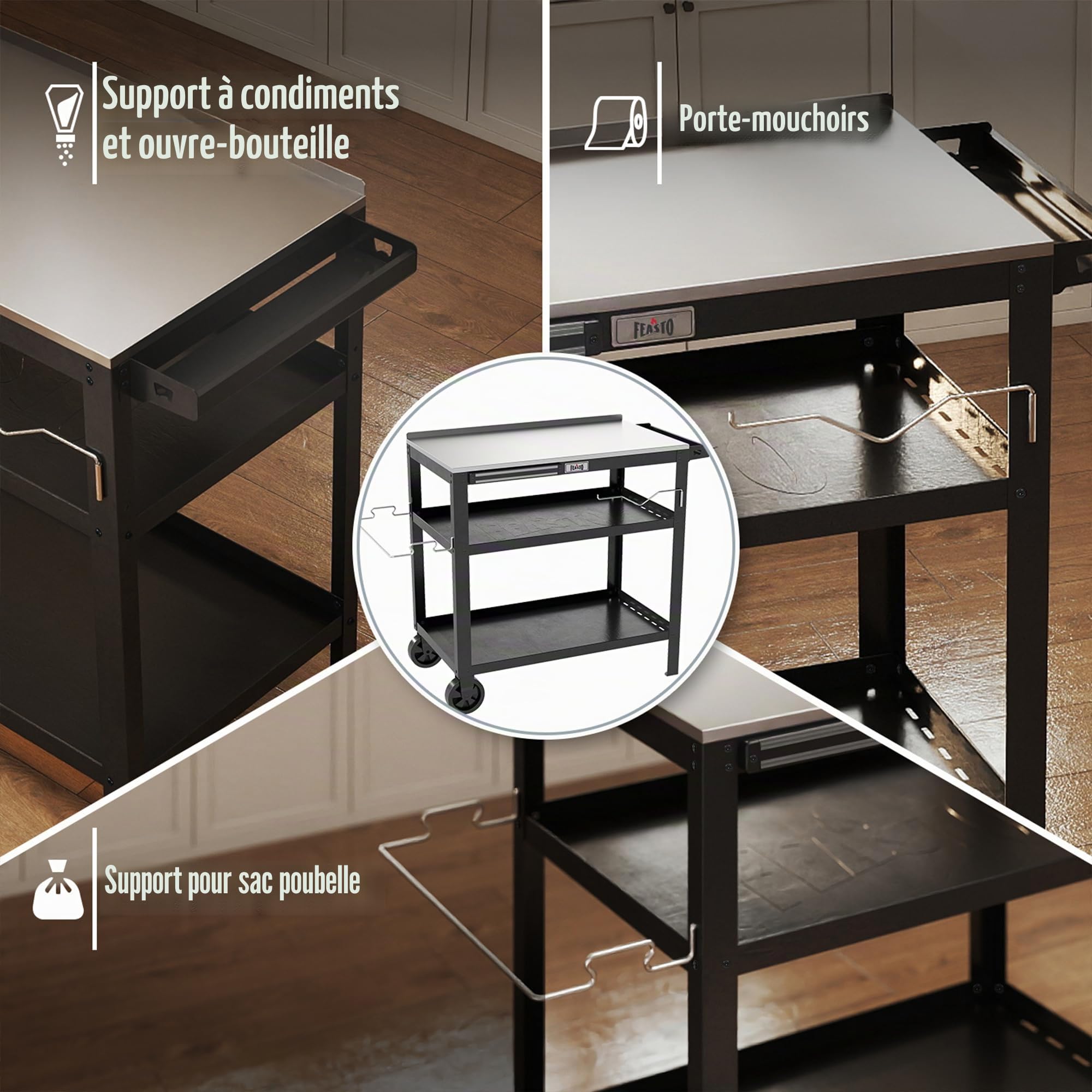 Feasto Chariot de Barbecue d'extérieur de 80 x 45,7 cm avec Plateau en Acier Inoxydable, Table de Gril Mobile avec Support d'assaisonnement et Support magnétique pour Outils, Table de préparation des