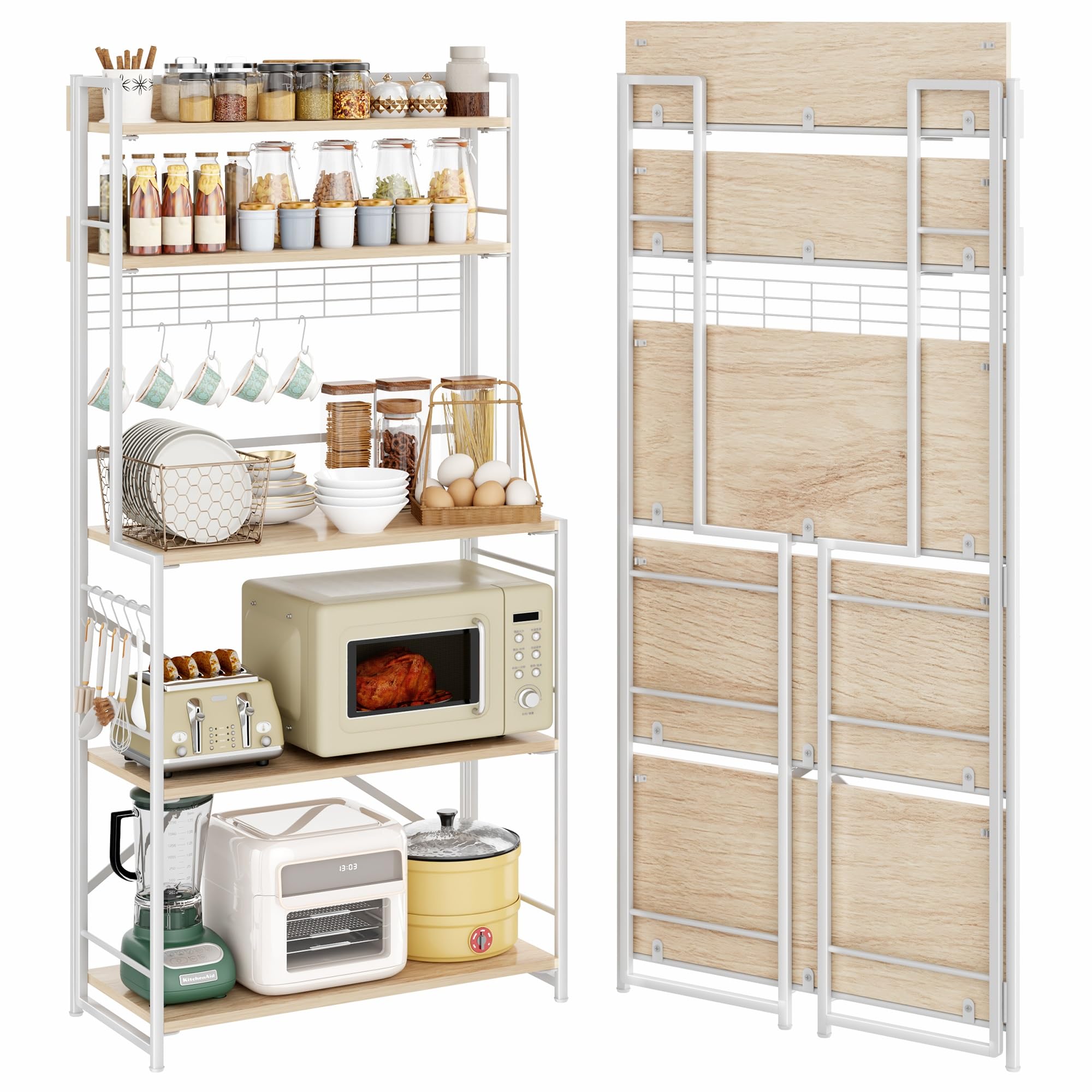 JSB 5 Tier Bakers Rack Coffee Bar Microwave Stand Folding Shelf (White)