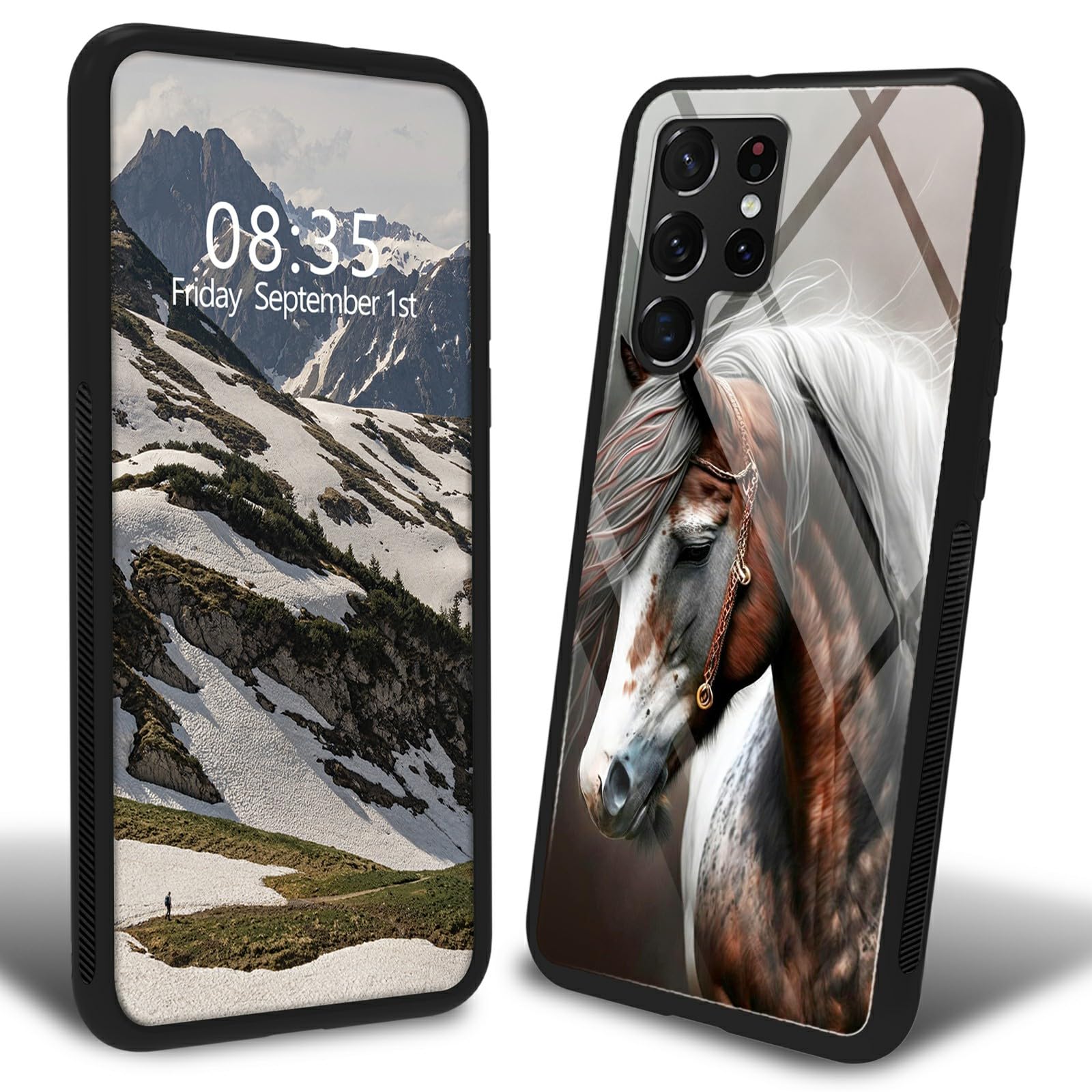 BFDHGQZC for Samsung Galaxy S25 Ultra Case Horse Theme Tempered Glass Back Cover & TPU Bumper Mixed Shockproof Protective Cover Fashion Men Women for