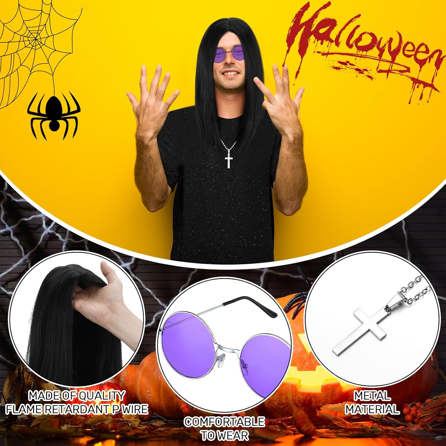 Highergo 3 Pcs Mens 80's Rock Costume Wig with Purple Round Hippie Glasses Cross Pendant Necklace 80s Hip Hop Rock Cosplay Costume Accessories for Men Halloween Cosplay Party Accessories - Image 3