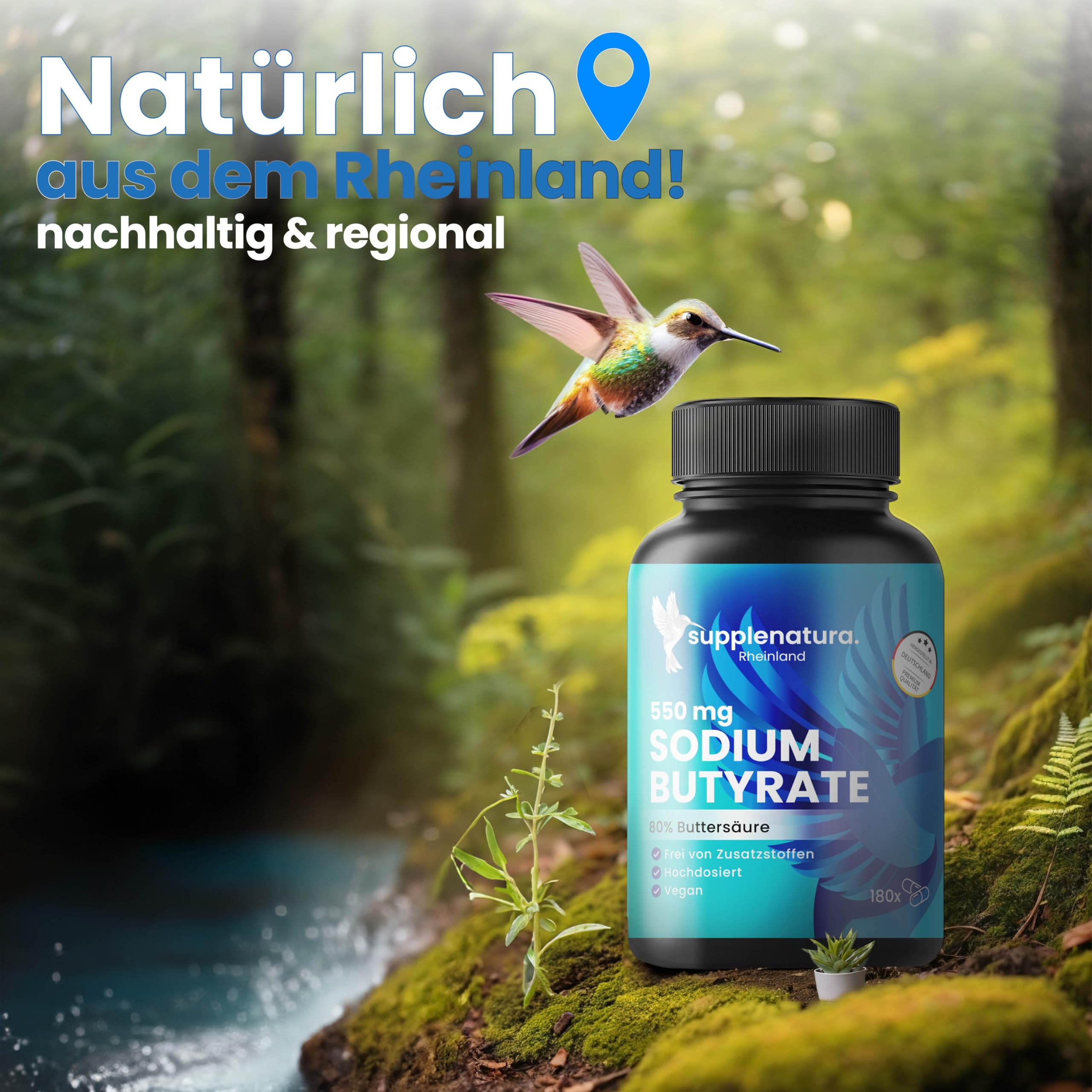 Butyrate Kapseln (180 Kapseln) PREMIUM: 550mg je Kapsel mit 80% Buttersäure | Sodium Butyrate Kapseln - Deutsche Herstellung - SUPPLENATURA®