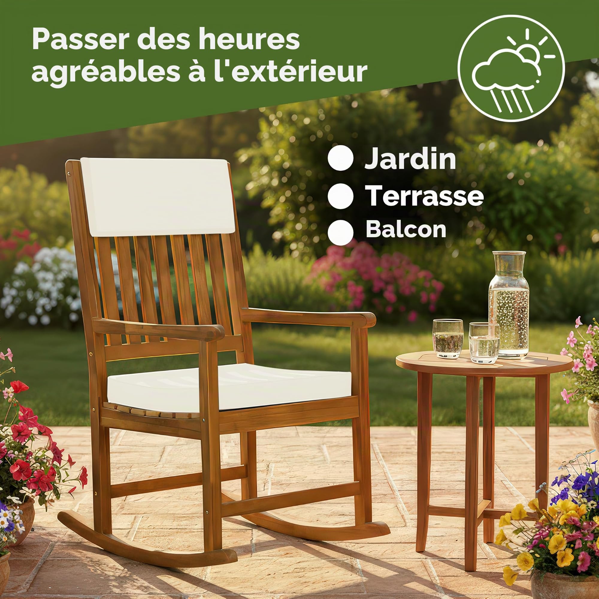 Deuba Rocking Chair en Bois Chaise a Bascule 54x76x102cm Fauteuil intérieur extérieur avec Coussin d'assise