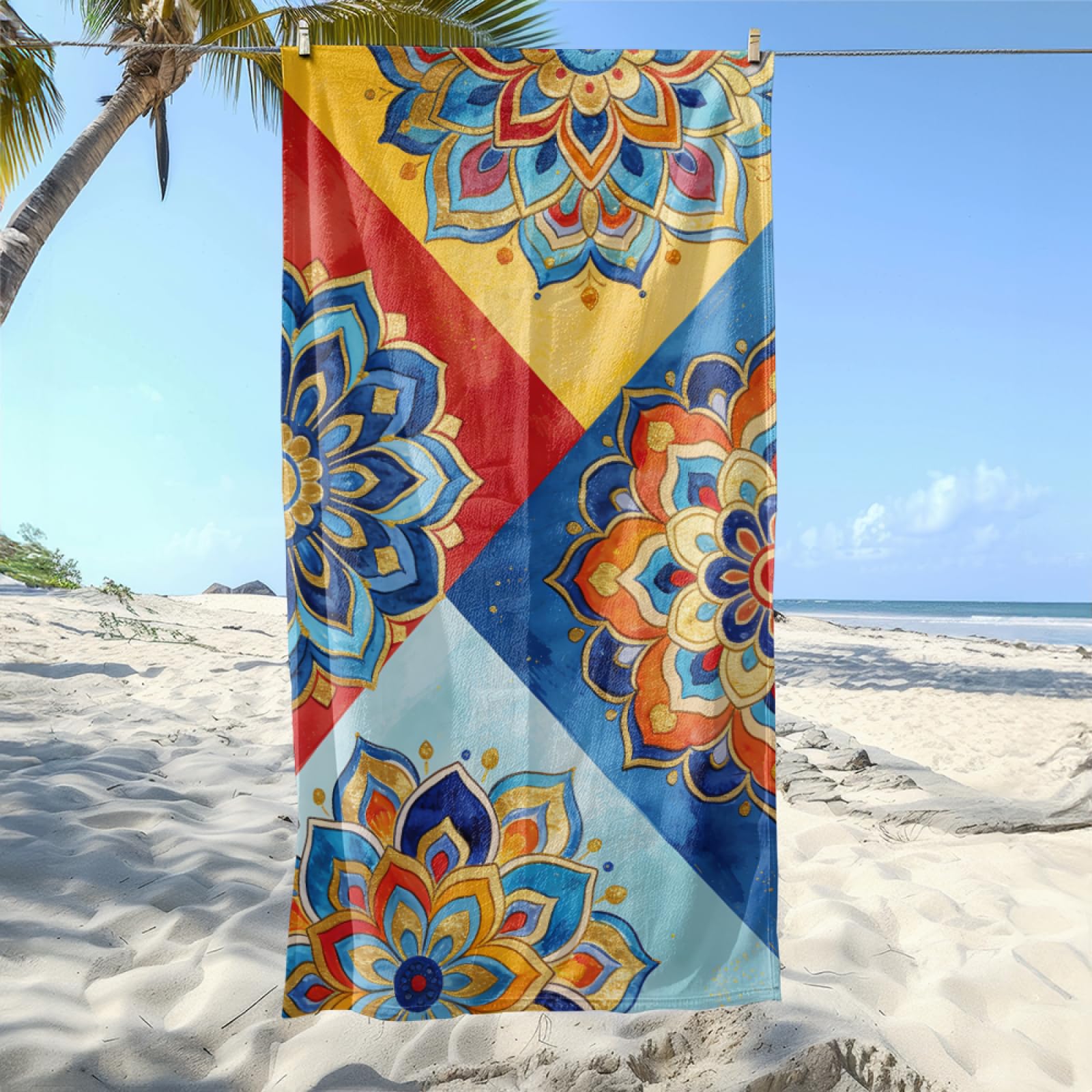 Fouta PlageFleur d'or Rouge Bleu Modèle Surdimensionné avec Diverses Tailles, Respirante et Portable, Parfaite pour Voyages Sorties Piscine et Usage Extérieur Quotidien 90x160 cm