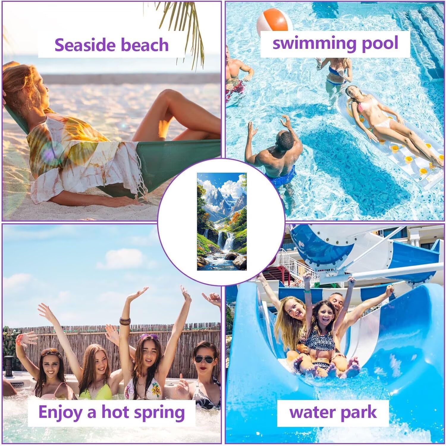 Toalla Playa 90 x 180 cm, Juego de 2 Toallas Microfibra Grande de Secado Rápido, Absorbente, Compacto, Toalla de BañO Sin Arena Verano Manta de Playa Mujer para Baño Regalo (Cascada paisaje) H-806