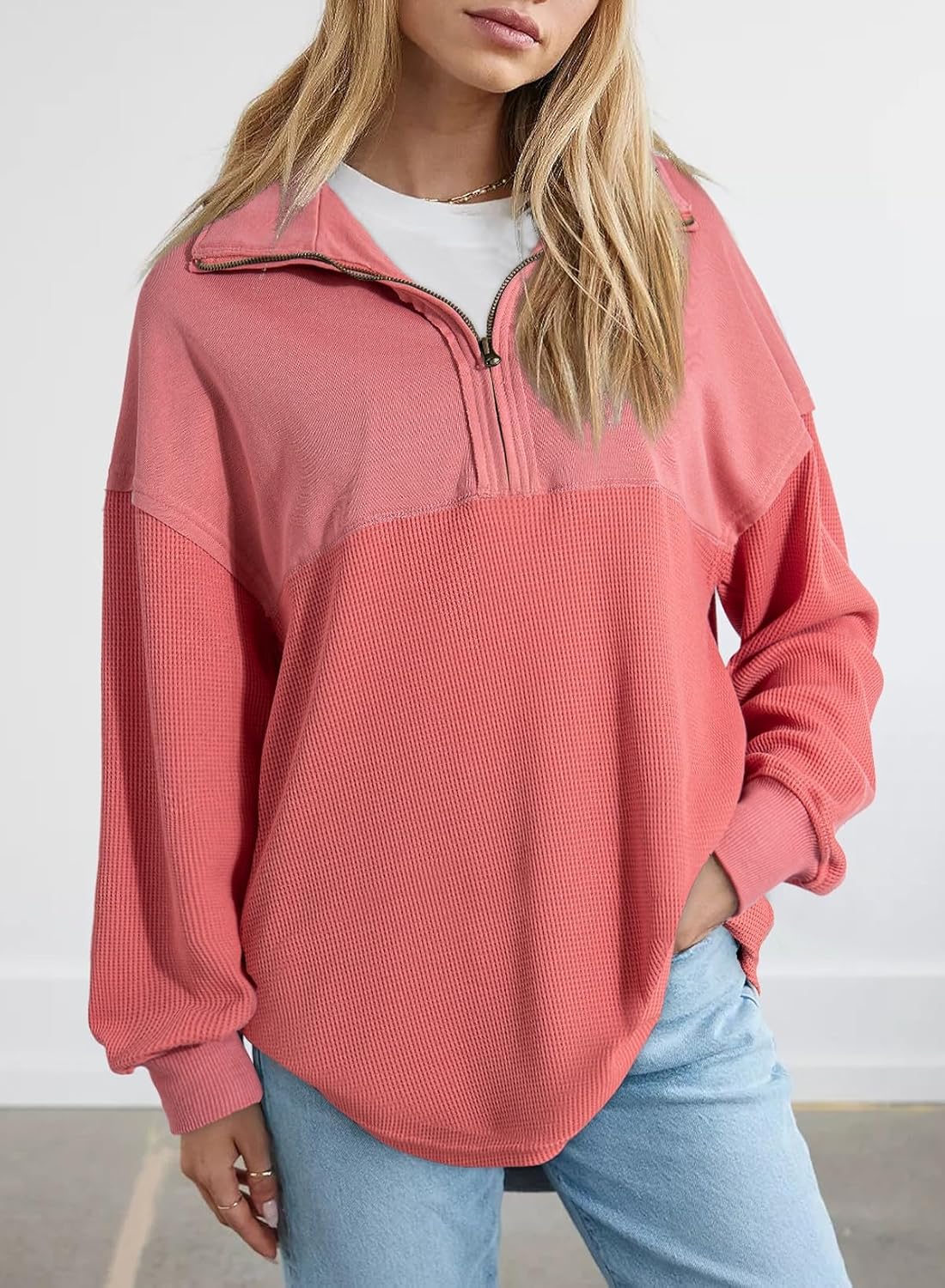 SHEWIN Womens Fall Sweatshirt Casual Waffle Knit Half Zip Pullover Loose Long Sleeve Tops - Image 2