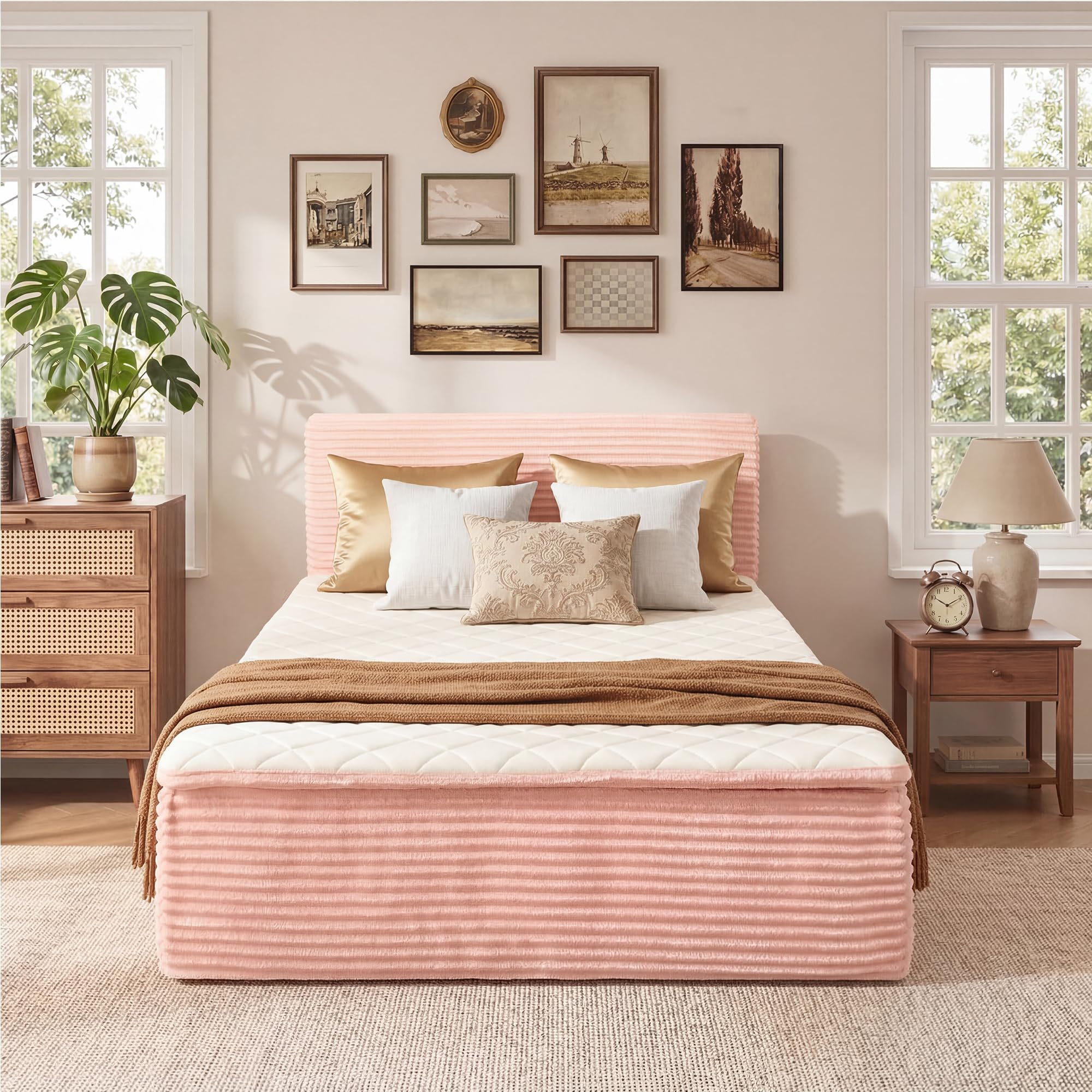 Full Boneless Bed Frame with Mattress, 16 Inch Memory Foam Mattress with Plush Fabric Upholstered Bed Frame Platform, No Assembly Required,Cool Night &amp; Relieve Pressure with Medium Support, Pink