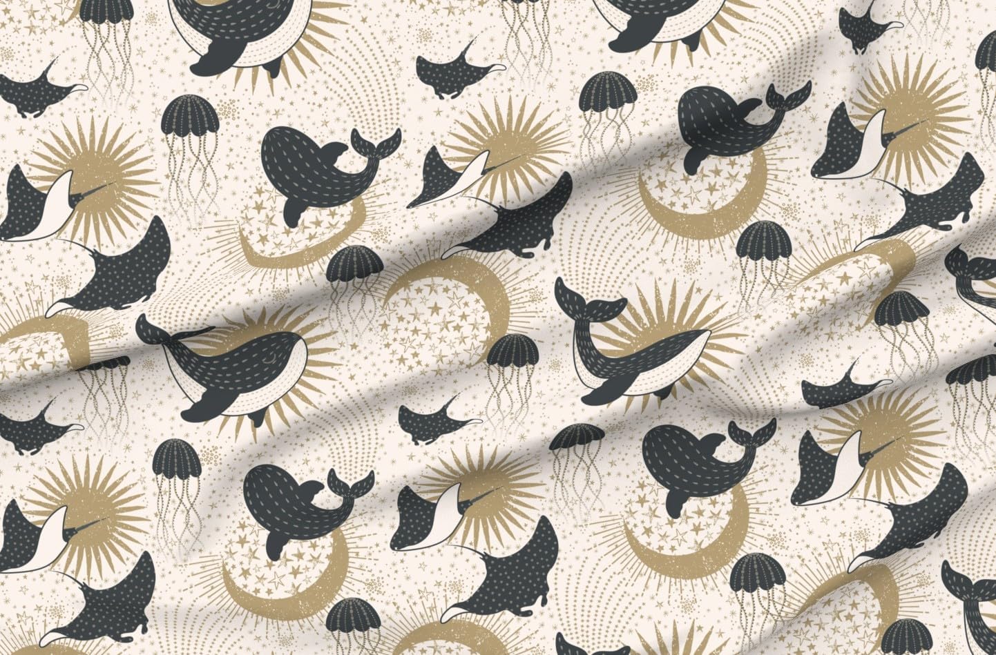 Spoonflower Fabric - Whimsical Whales Gold Koi Jellyfish Galaxy Magical Cosmic Oceanic Printed on Petal Cotton Fabric Fat Quarter - Sewing Quilting Apparel Crafts Decor