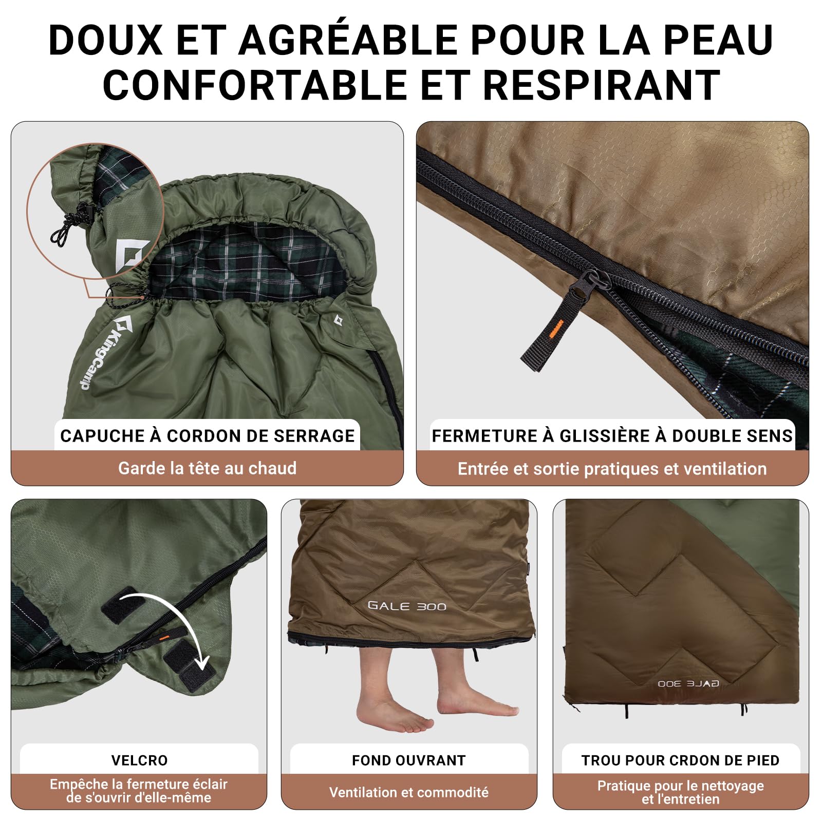 KingCamp Saco de Dormir Adulto XXL de Franela de Algodón, 230 x 90 cm, Cálido, para 3 o 4 Sstaciones, para Acampar y Viajes, con Capucha y Saco de Compresión.