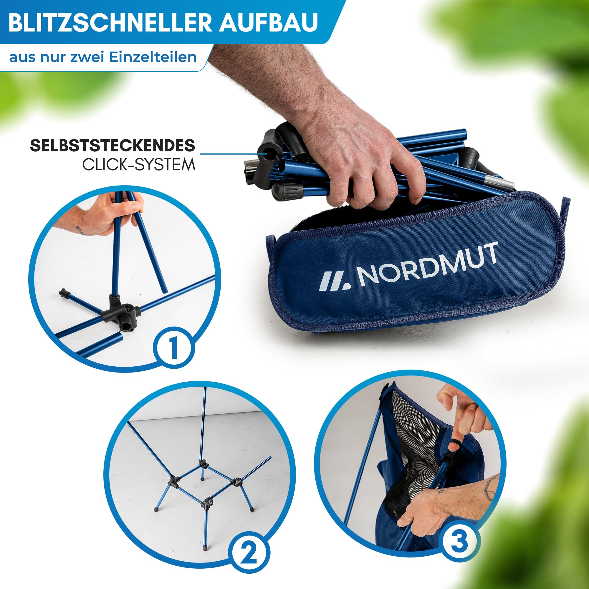 NORDMUT® Campingstuhl kleines Packmaß & Ultraleicht – Kleiner Campingstuhl mit 150 kg Belastung – Klappstuhl Camping leicht aus Aluminium für Camping, Outdoor & Festivals
