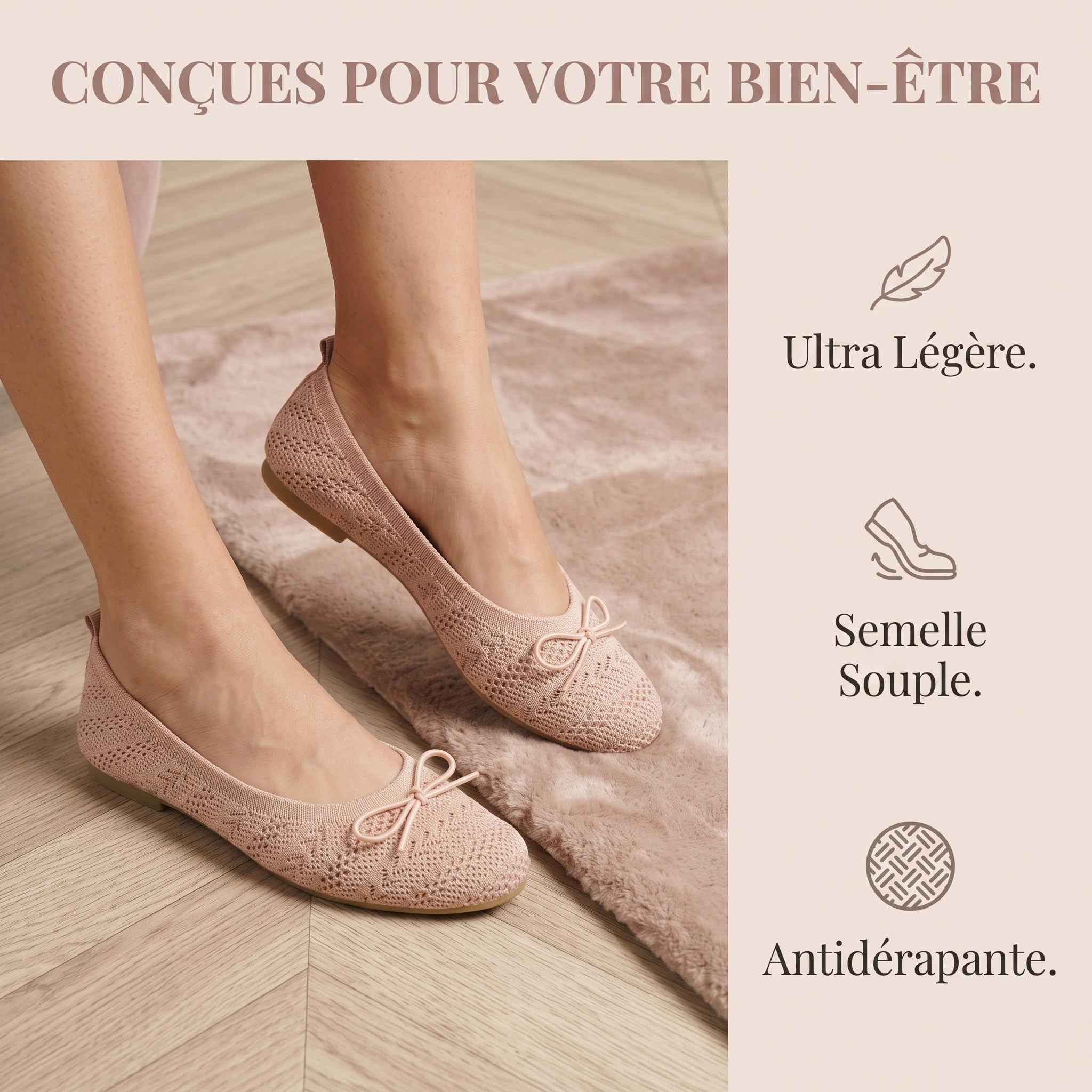 Ballerines en tissu pour femme, avec nœud, antidérapantes, type manolétine ultra douce