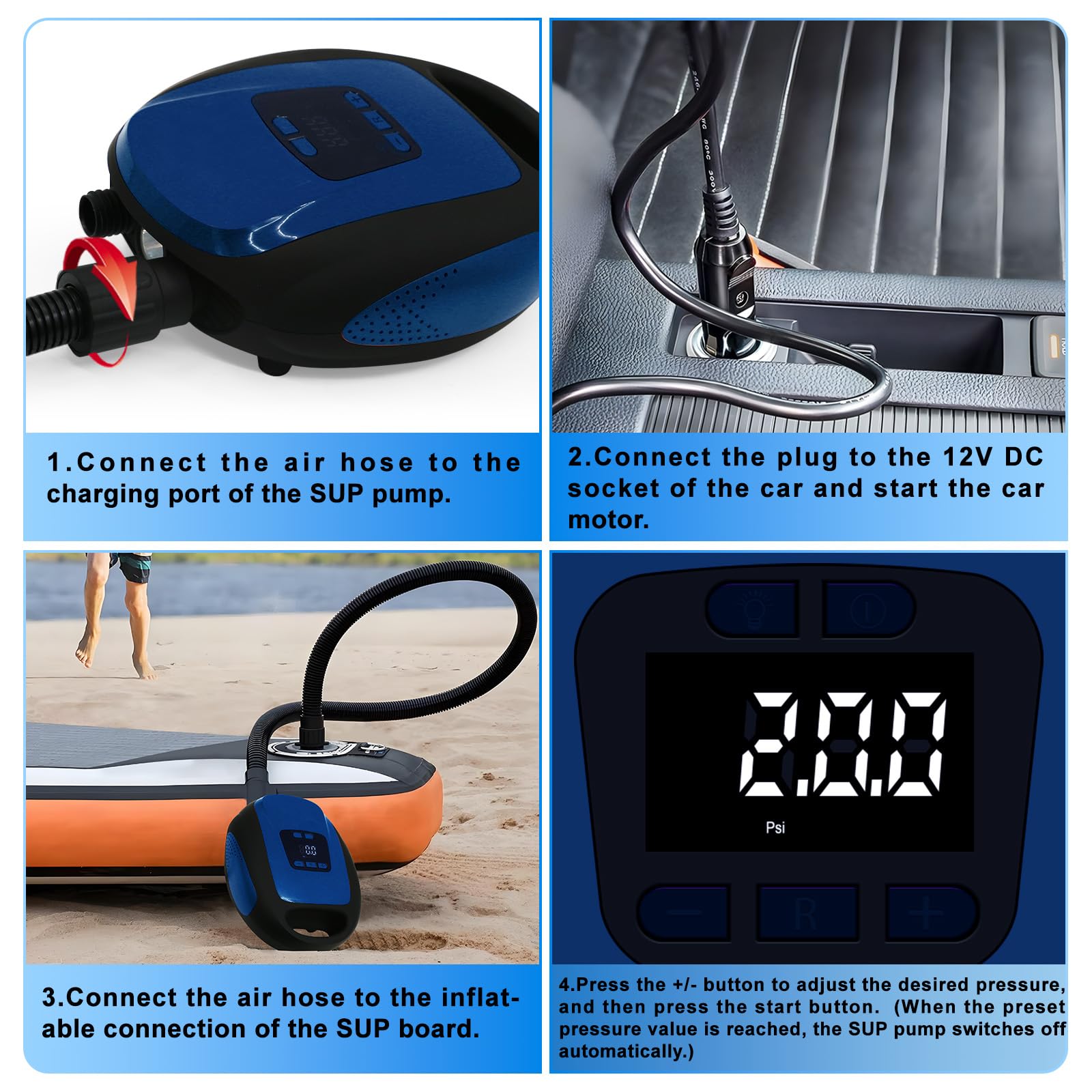 Pompa elettrica per pagaia, 20 psi, gonfiaggio intelligente con spegnimento automatico, LCD regolabile digitale, pompa da 12 V con 5 ugelli per SUP e kayak gonfiabili