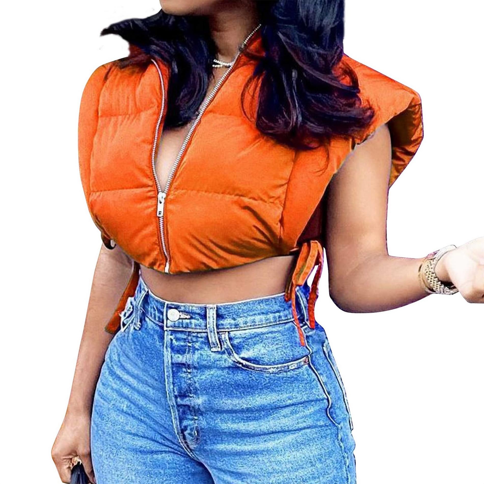 Photo 1 of *SEE NOTES* Songling Women's Cropped Puffer Vest with Hood Zip Up Sleeveless Hoodie Padded Puffy Vest Jacket Coat Large 02 Orange