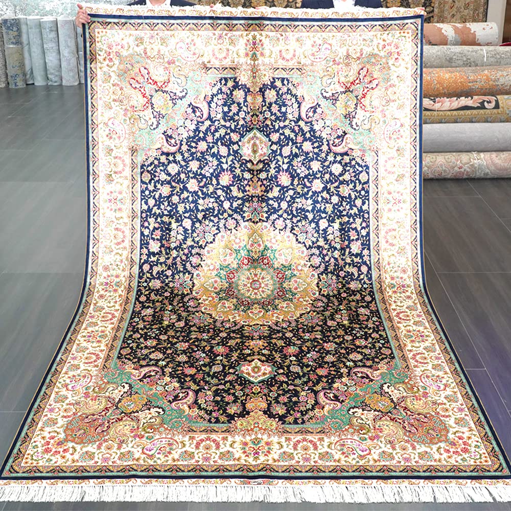 Yuchen Carpet Oriental Silk Rug 6x9 Blue Handwoven Medallion Traditional Floral Vintage Luxury Silk Area Rug for Bedroom