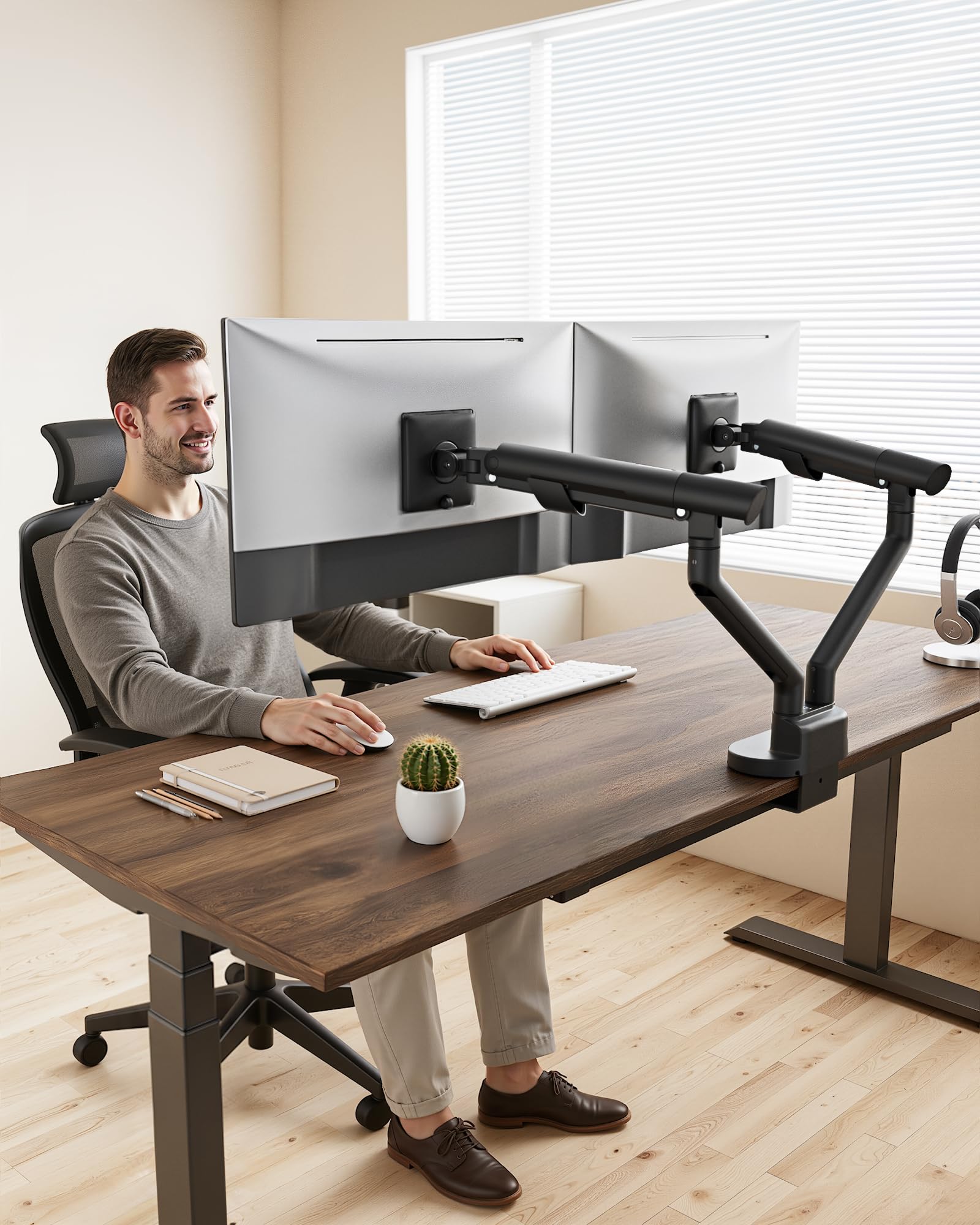 monTEK Brazo Monitor Doble para Escritorio de 17 a 35 Pulgadas | Soporte de Doble Pantalla Resistente, Ajustable con Muelle hasta 11kg, VESA 75/100mm, Instalación con Pinza y Ojal, Negro