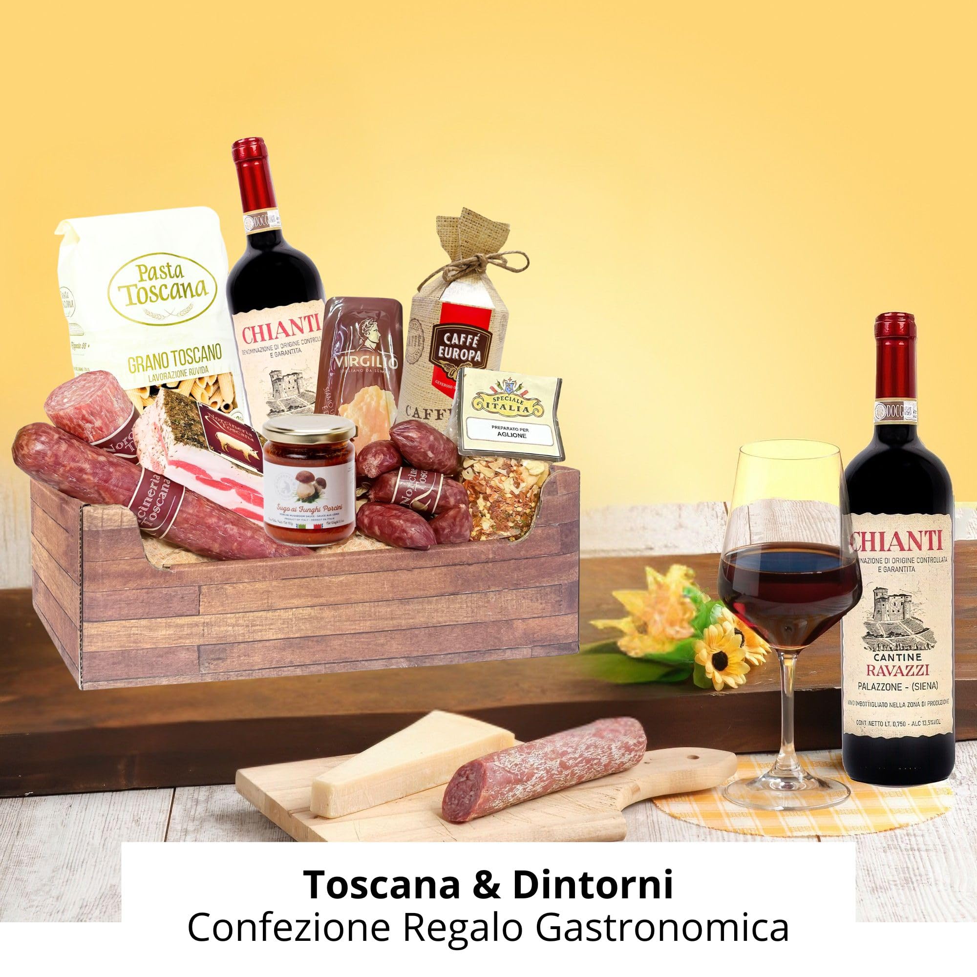 Speciale Italia – Cesto Regalo Gastronomico Italiano con Vino, Pasta, Salumi e Grana Padano, Box Toscana e Dintorni con Prodotti Tipici, Idea Regalo Natale, Pasqua, Compleanno e Aziendale