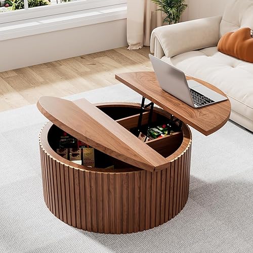 Miniatura 3 de Mesa de Centro de Tapa Elevable Acanalada con Almacenamiento Oculto, Mesa de Centro Redonda de 31.6 Pulgadas para Sala de Estar, Mesas Centrales