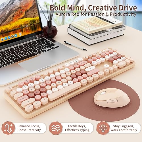 Miniatura 5 de HotFox Combo de teclado y mouse inalámbricos, teclado retro de tamaño completo con teclas redondas, diseño ergonómico para PC con Windows, uso
