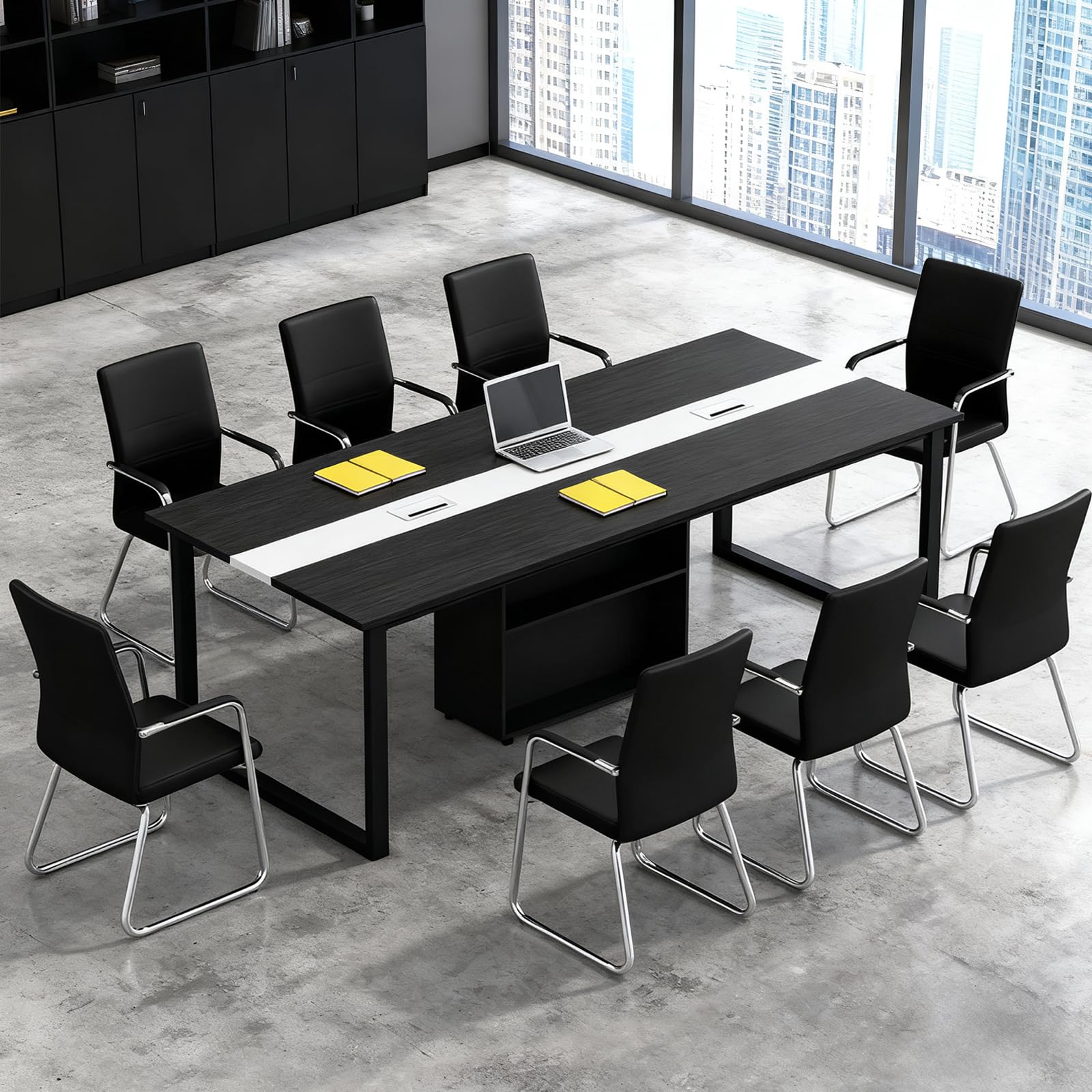 Grande Table de Conférence avec Module de Rangement – Table de Réunion Moderne 8 à 12 Personnes, Passe-Câbles, Structure Métallique Noire, Idéale pour Bureaux, Salles de Réunion et Formations
