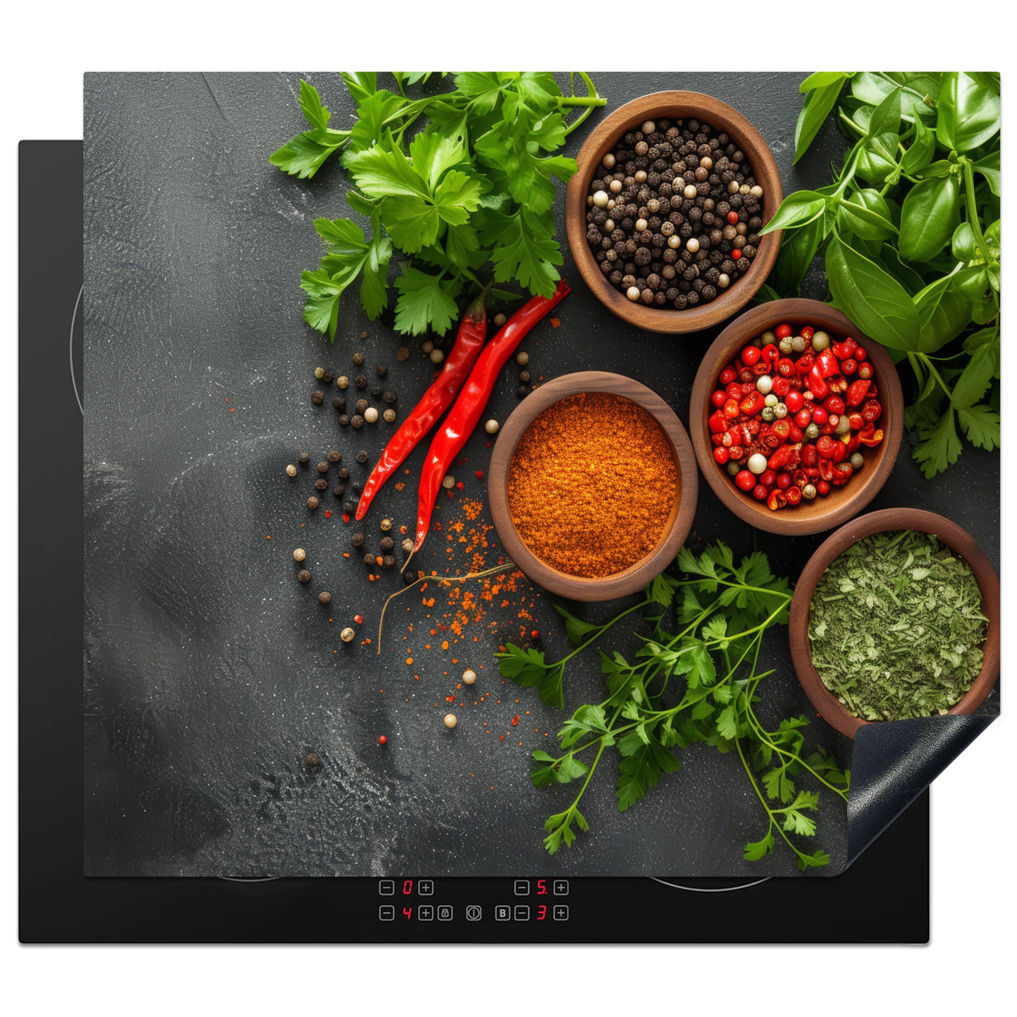 KitchenYeah© Induction Hob Cover Protector Mat 20.2"x22.9" / 58.3x51.3 cm Kitchen Universal Ceramic Covers for Electric Cookers Vinyl Herbs - Concrete - Pepper - Plants - Spices