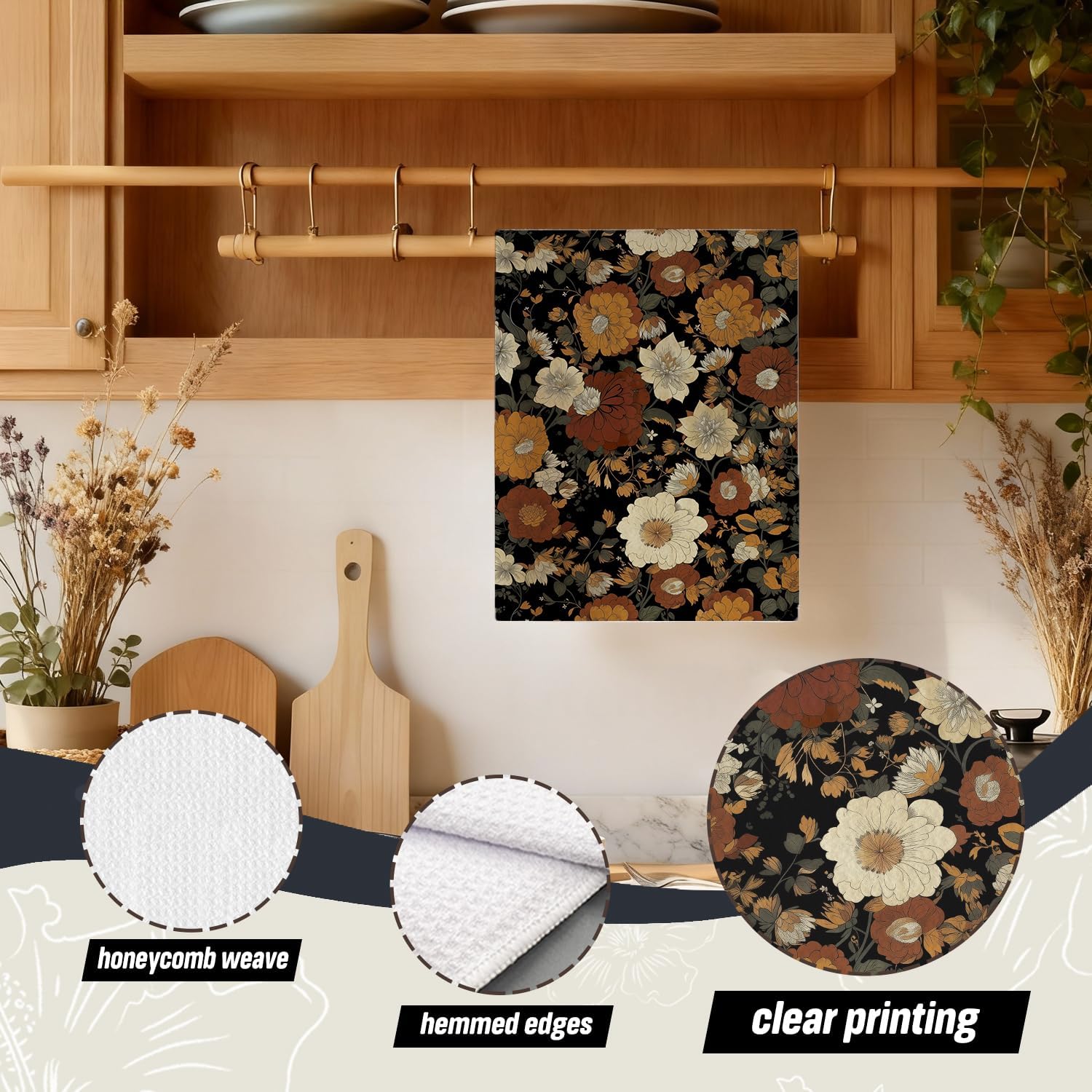 Vintage Abstract Boho Floral Kitchen Dish Towels, Dark Cottagecore Rustic Botanical Wildflower Decorative Hand Tea Towels for Kitchen Bathroom, 16x24 Inch Set of 2